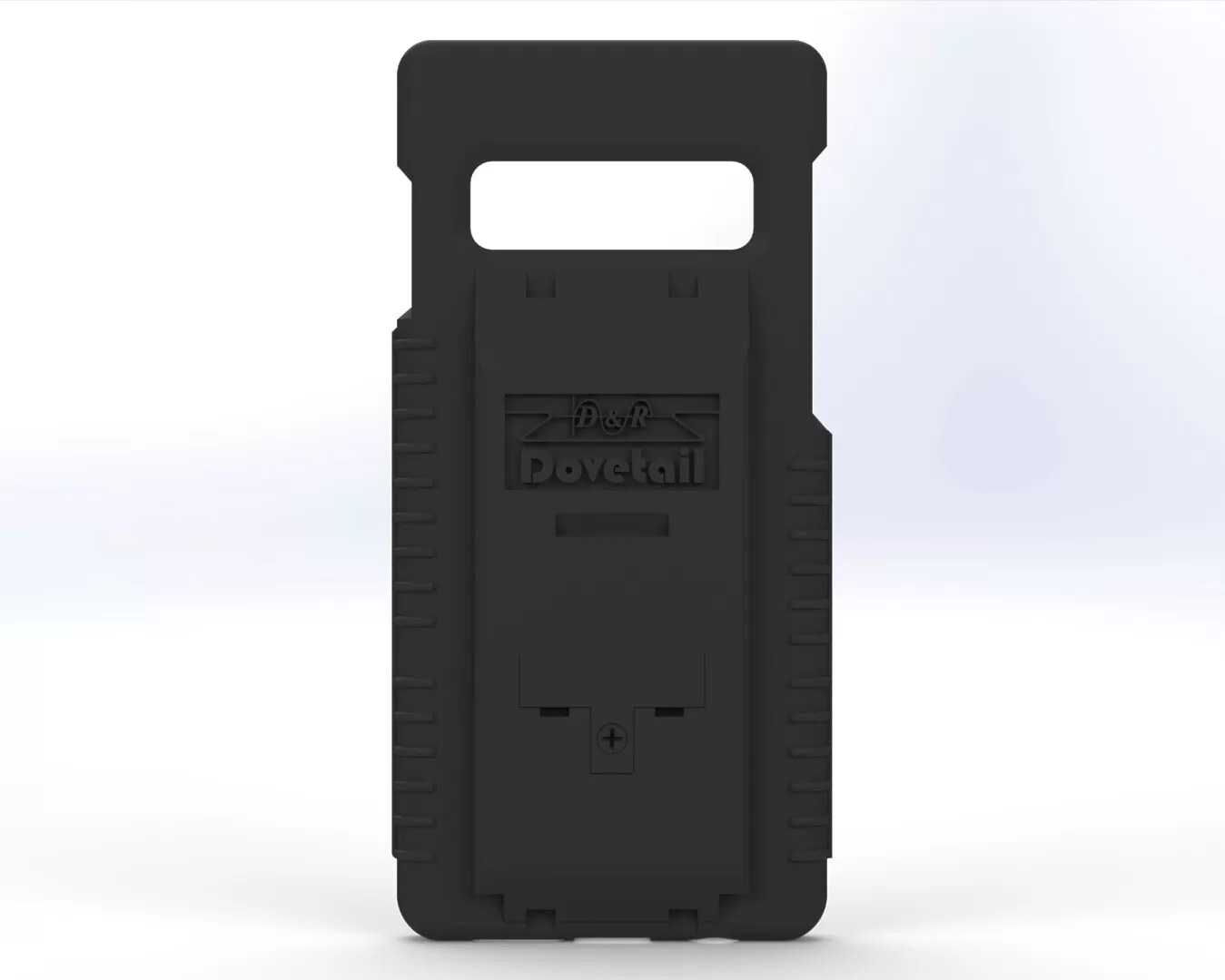 D&R Dovetail phone case for the Galaxy S10, rear view with the dock plate and wide camera bar cutout