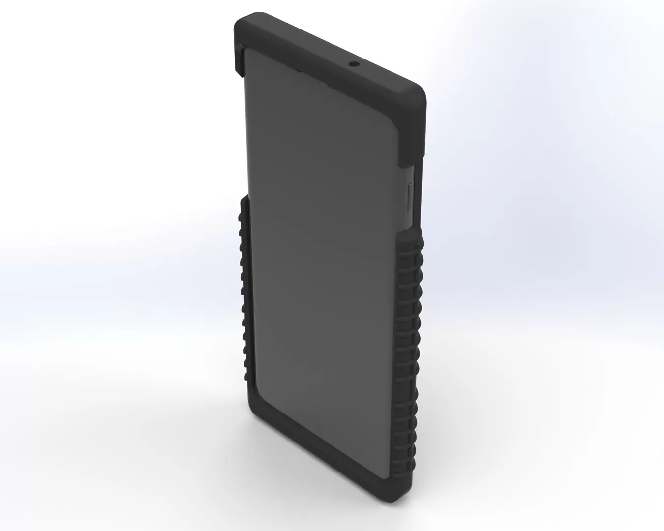 Front of the assembled case with the phone fitted, screen edges protected by the ribbed bumper