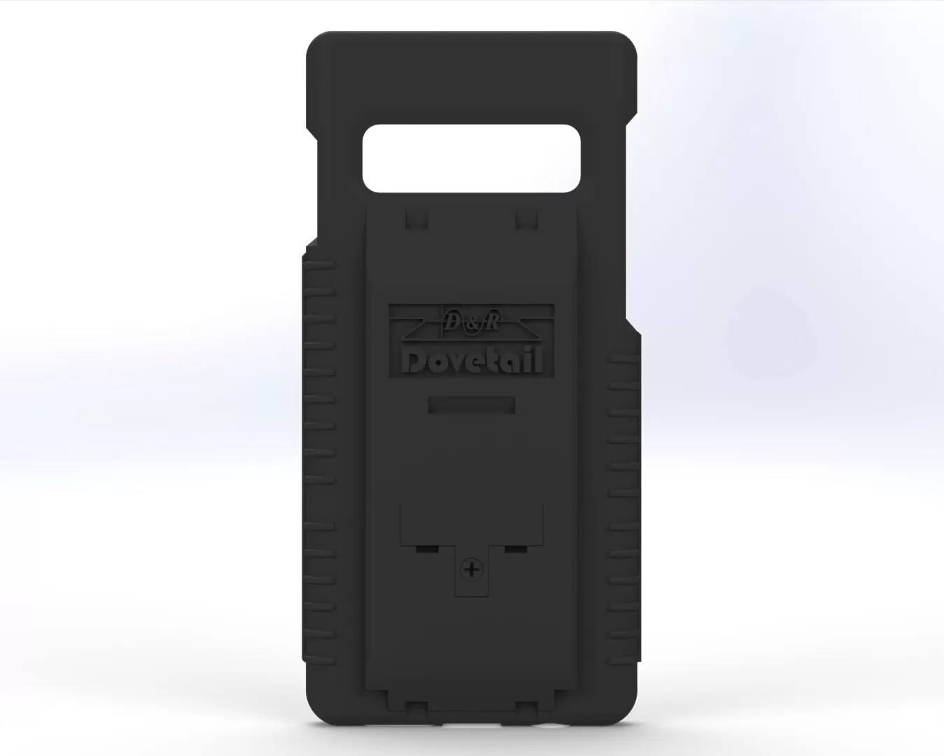 D&R Dovetail phone case for the Galaxy S10, rear view with the dock plate and wide camera bar cutout