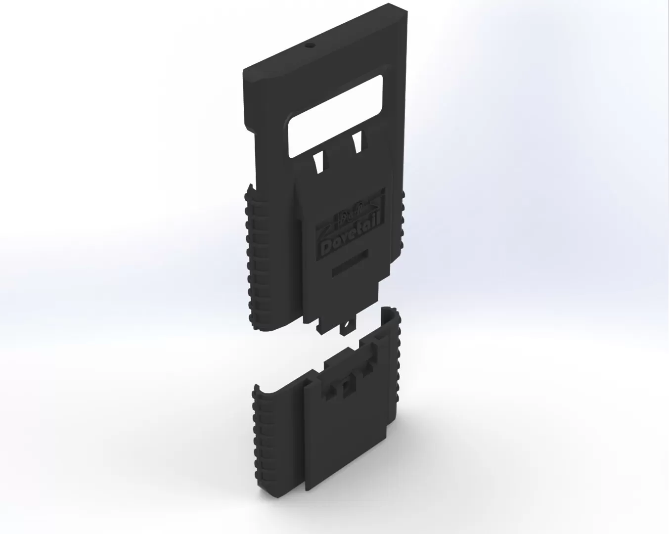 Exploded render showing the case shell separating from its sliding lower end cap