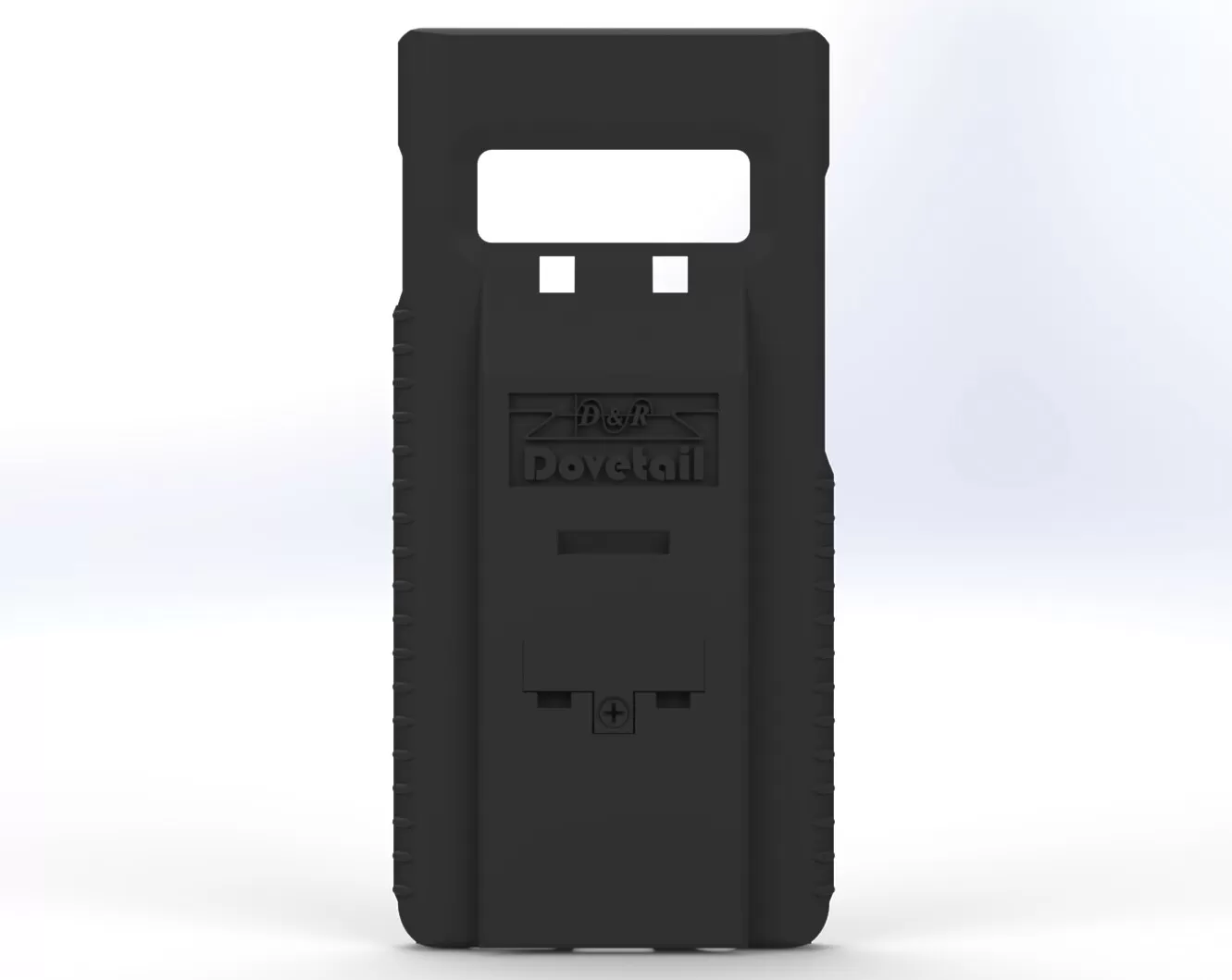 D&R Dovetail phone case for the Galaxy S10+, rear view with embossed logo and docking contact slot