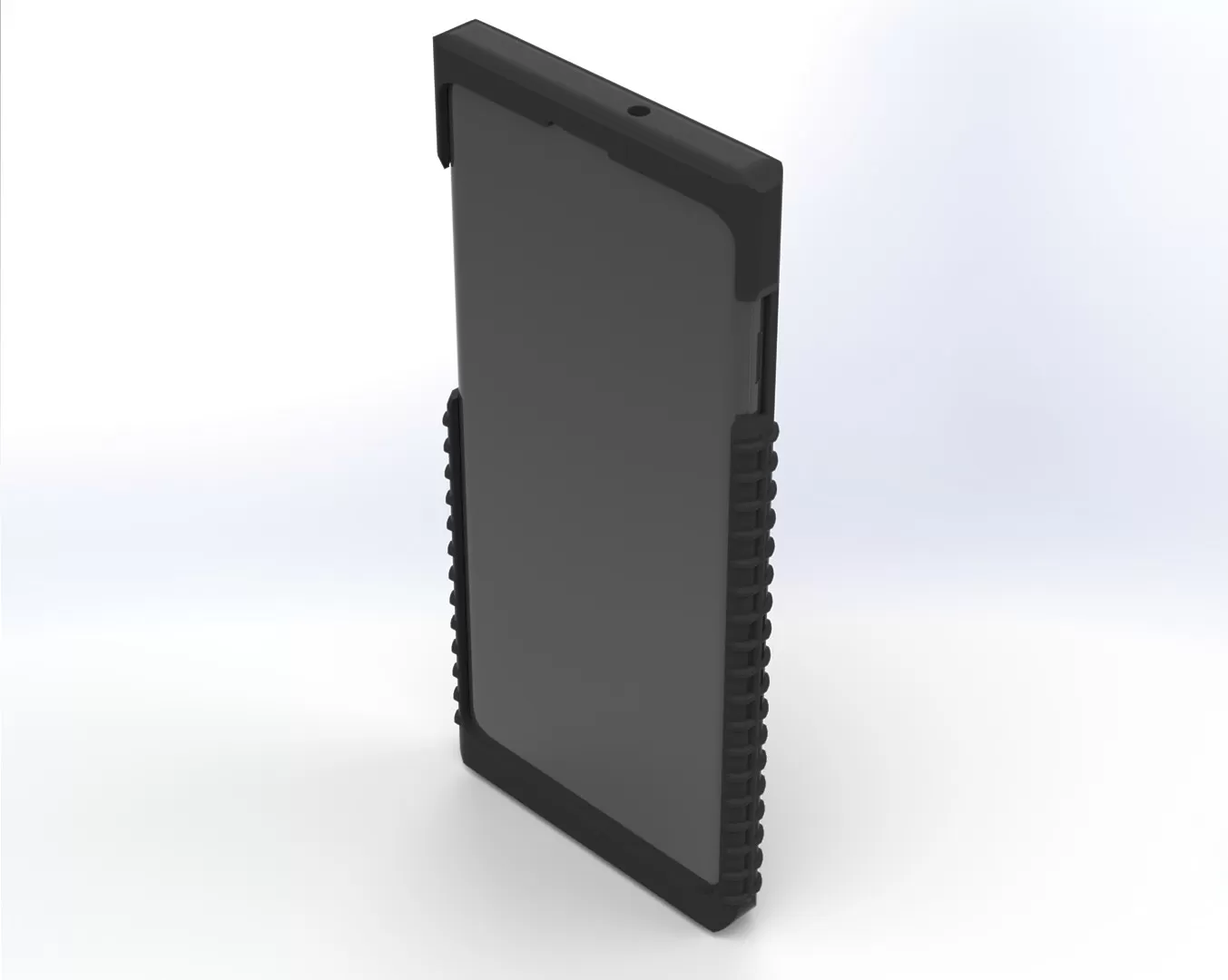 Handset seated in the case, front three-quarter view with the screen and side grip ridges visible