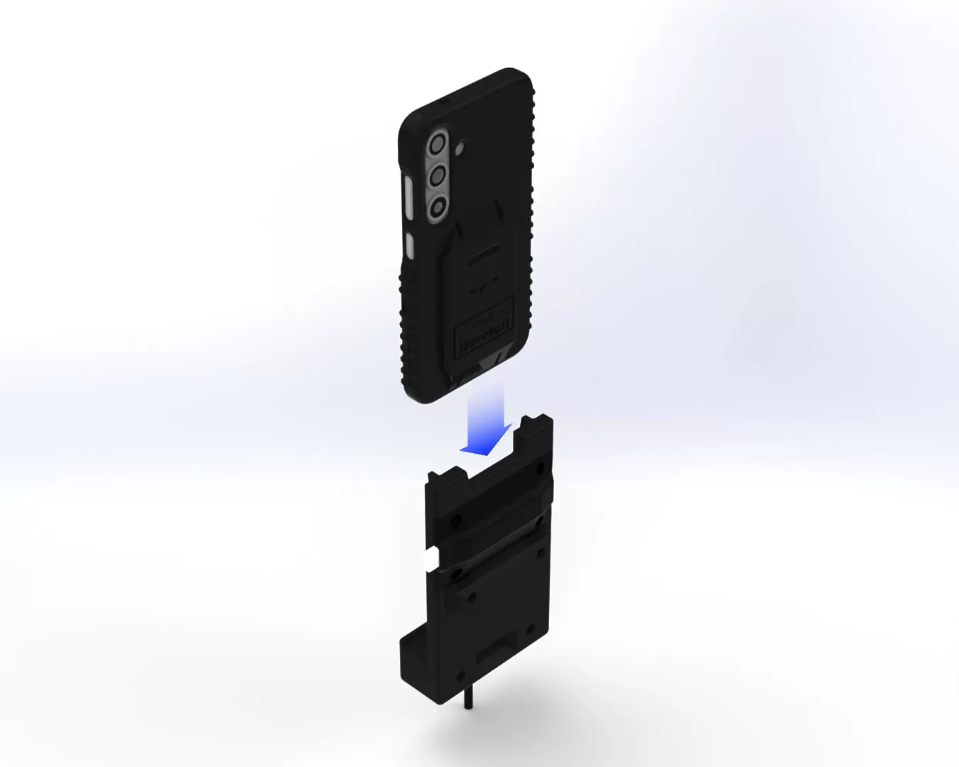 Back of the cased Galaxy phone showing its dovetail mounting plate above the empty cradle