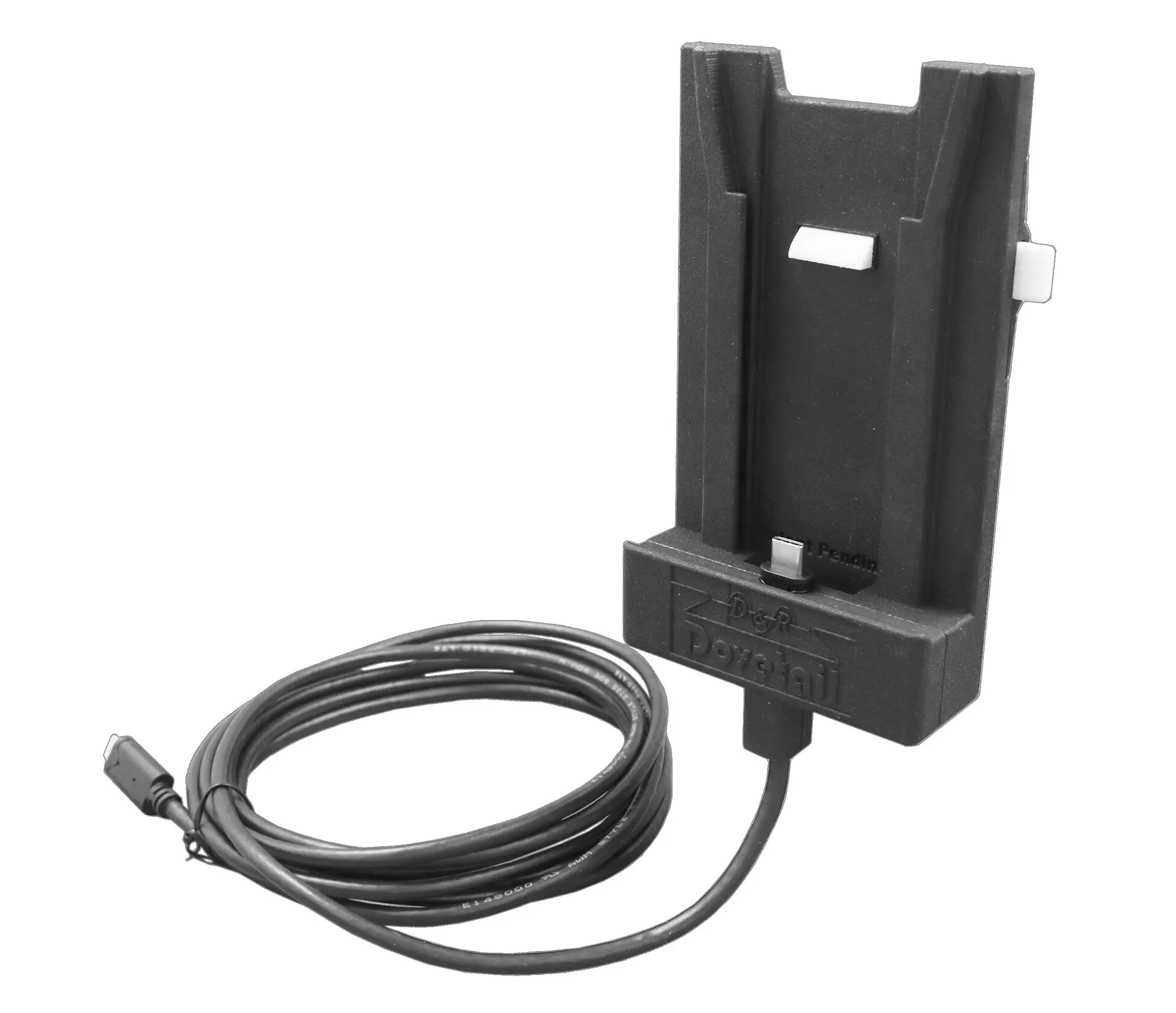 D&R Dovetail smartphone docking station in black with moulded logo and coiled USB-C charging cable