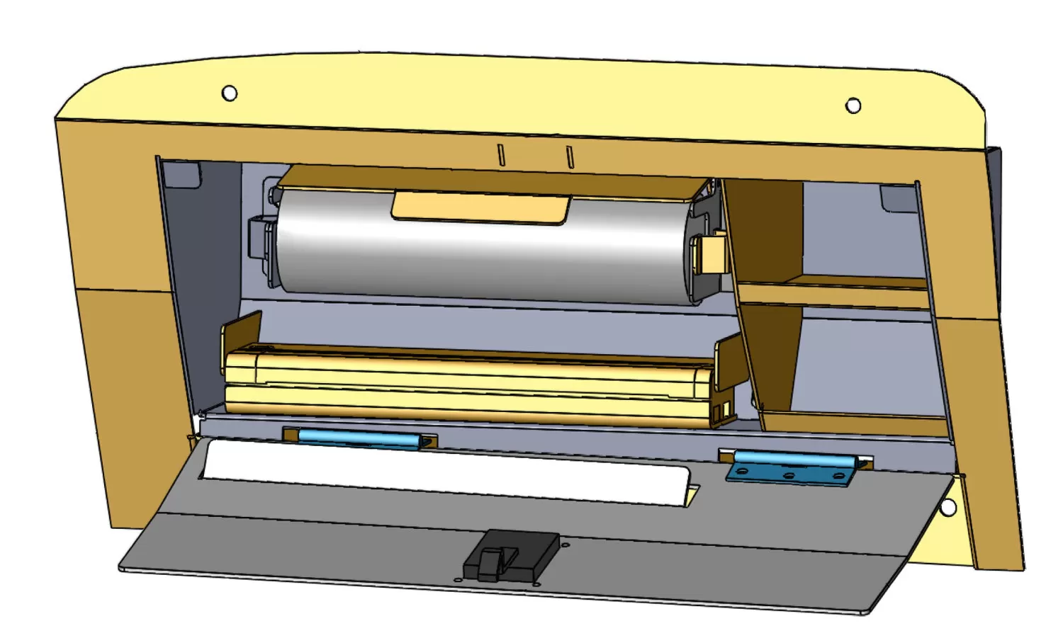 3D model of the glove box insert with paper roll, printer shelf and two side storage compartments