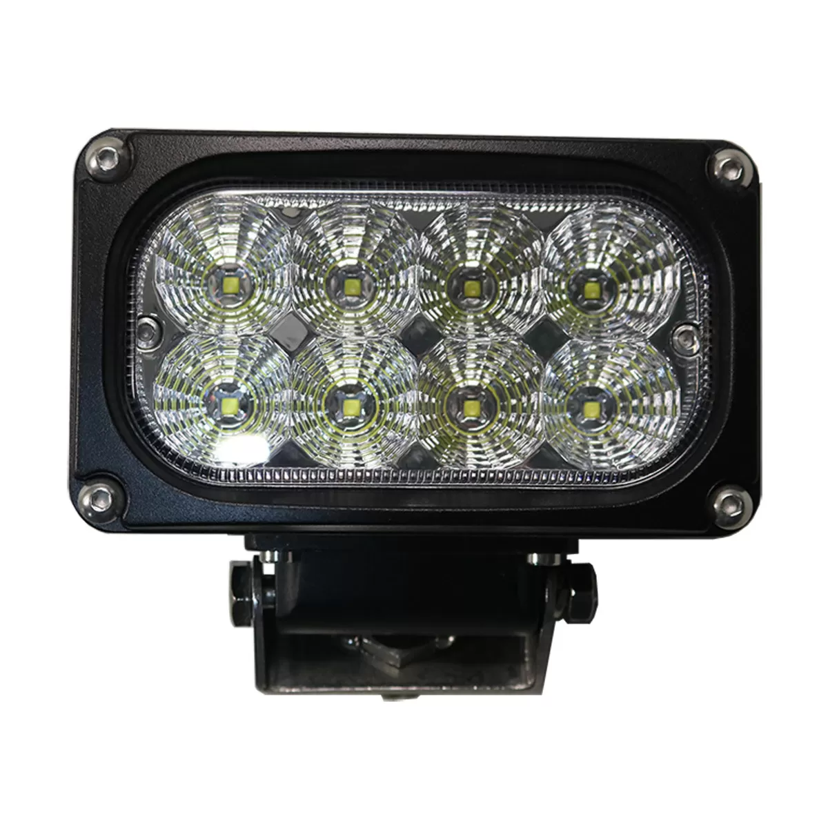 Straight-on view of the rectangular lamp face with eight LEDs set in faceted clear optics