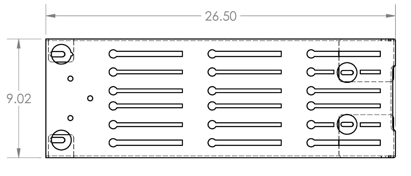 Top-view dimensioned drawing of the floorplate measuring 26.50 by 9.02 with six rows of slots
