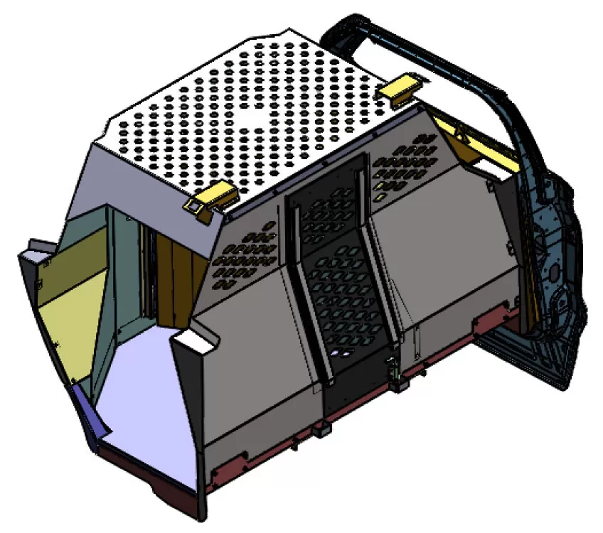 Colour-coded CAD model with perforated roof vent panel and the rear door frame in place