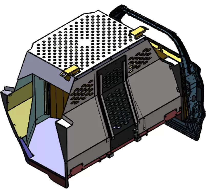 CAD view of the sliding dog door track, side skin cut-outs and mounting feet along the base