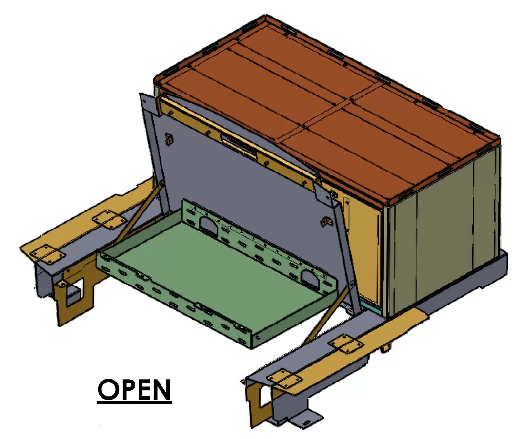 Cabinet marked OPEN with the drawer extended over the frame rails and the empty tray showing