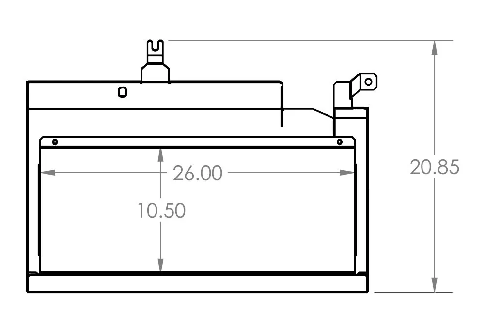 Dimensioned side drawing of the tray with 26.00, 10.50 and 20.85 inch measurements marked