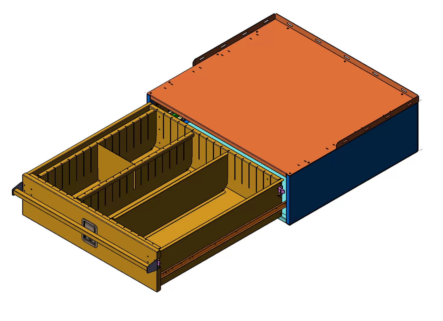 D&R 934-0739A vehicle storage cabinet with the drawer extended, showing the adjustable dividers inside