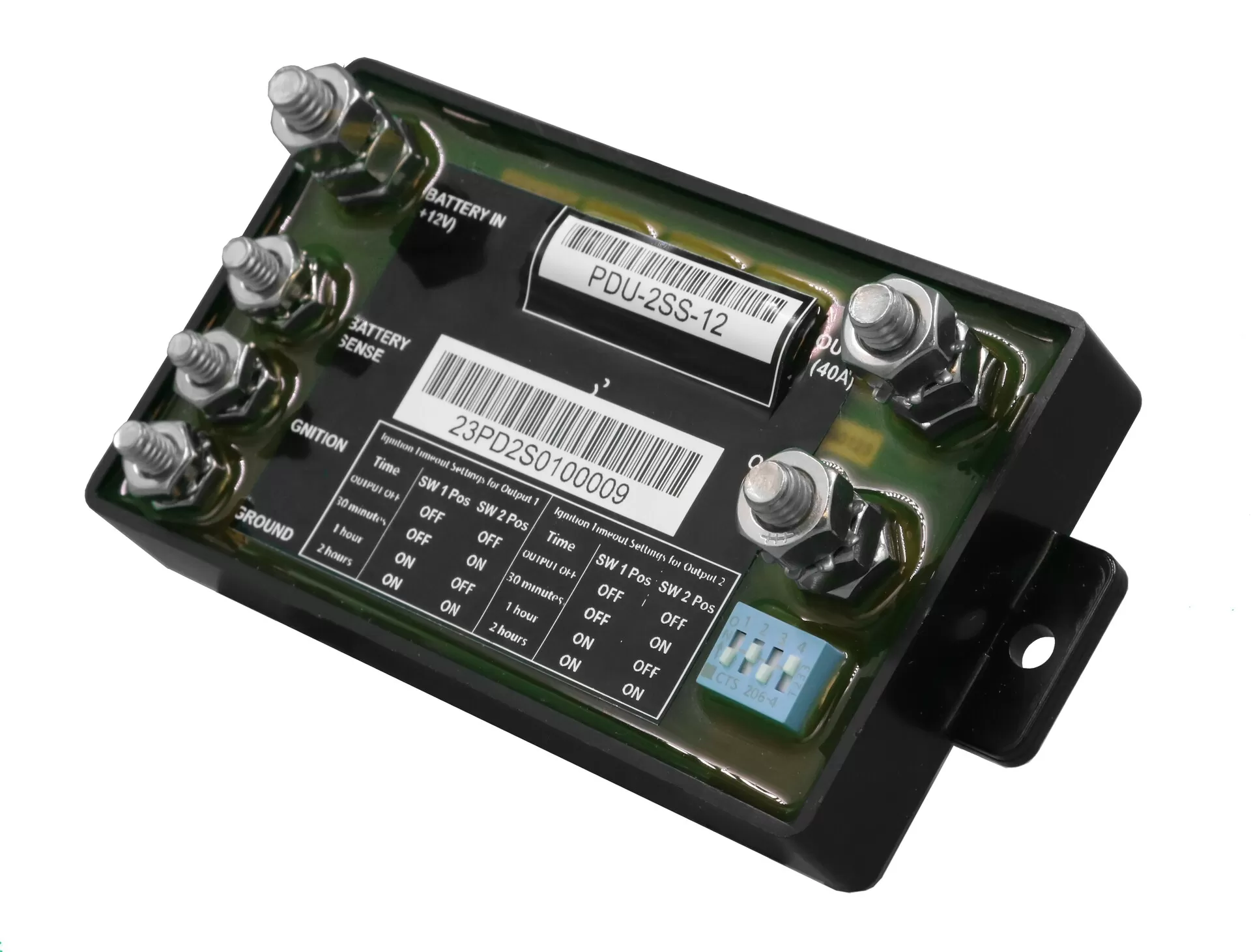 D&R PDU-2SS-12 power distribution unit with battery, sense, ignition and ground studs on a black chassis