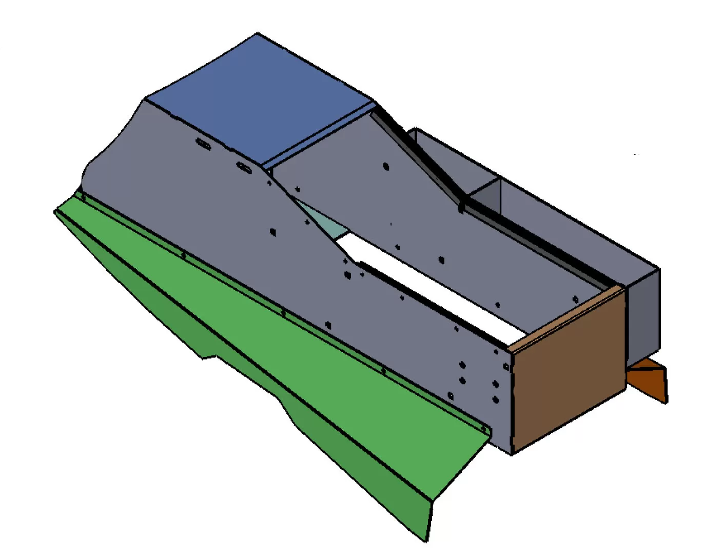 3D model of the console steel weldment showing the sloped front, open centre bay and rear panel