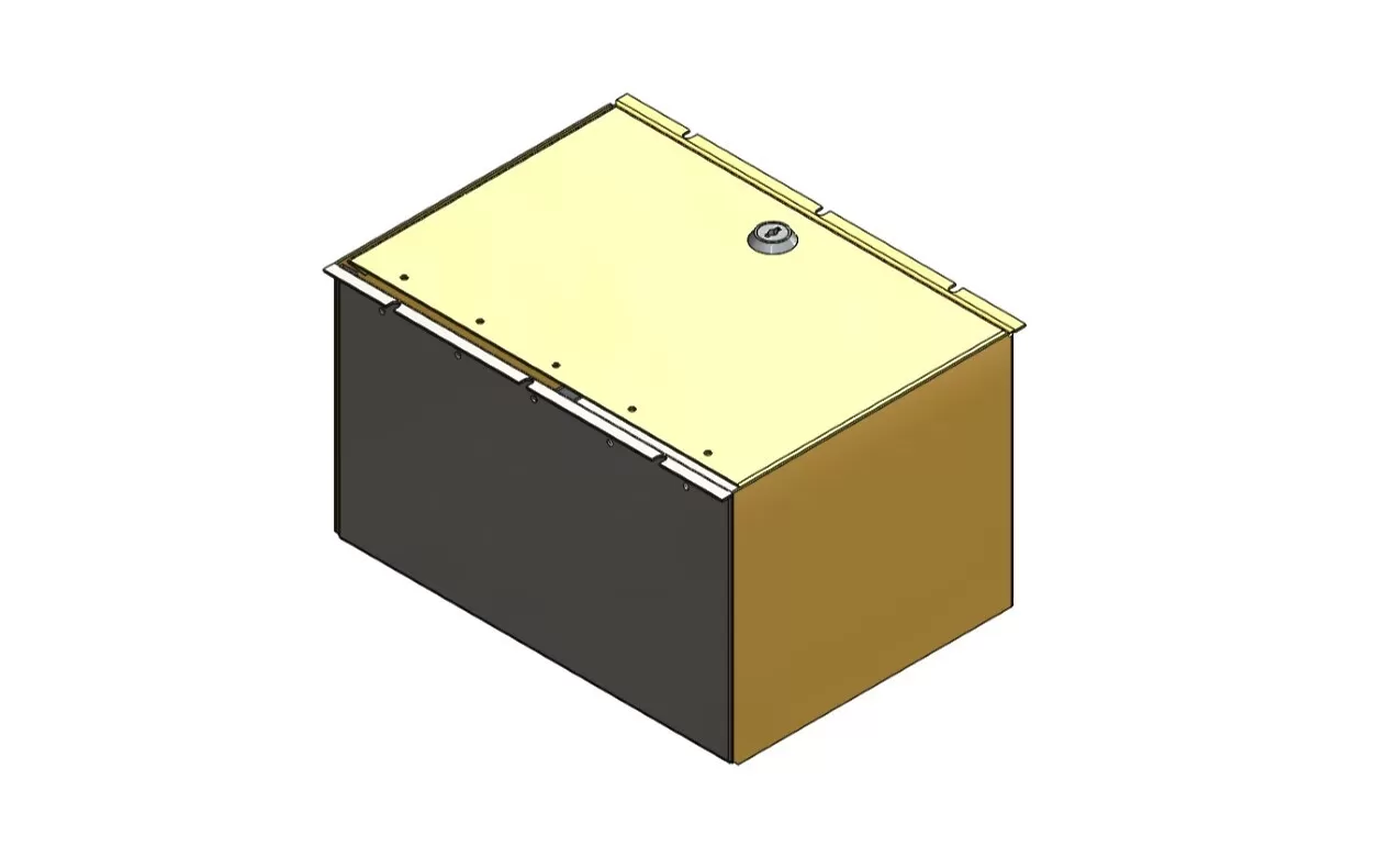 CAD render of the D&R CA-105M2 console storage pocket, a lidded ticket book holder with keyed lock