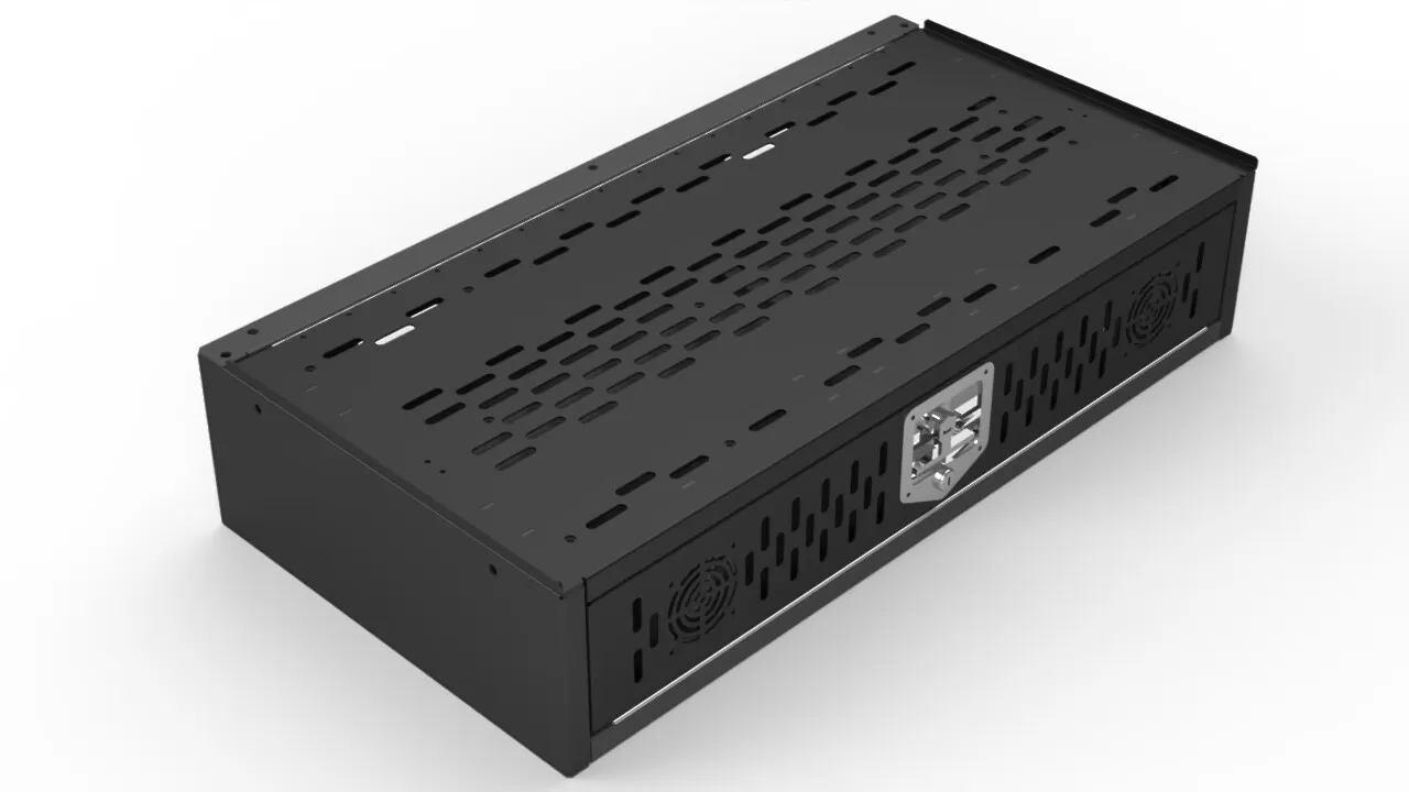 D&R 934-0943A electronics equipment storage chest, lid closed, with vented aluminum top and cooling fans