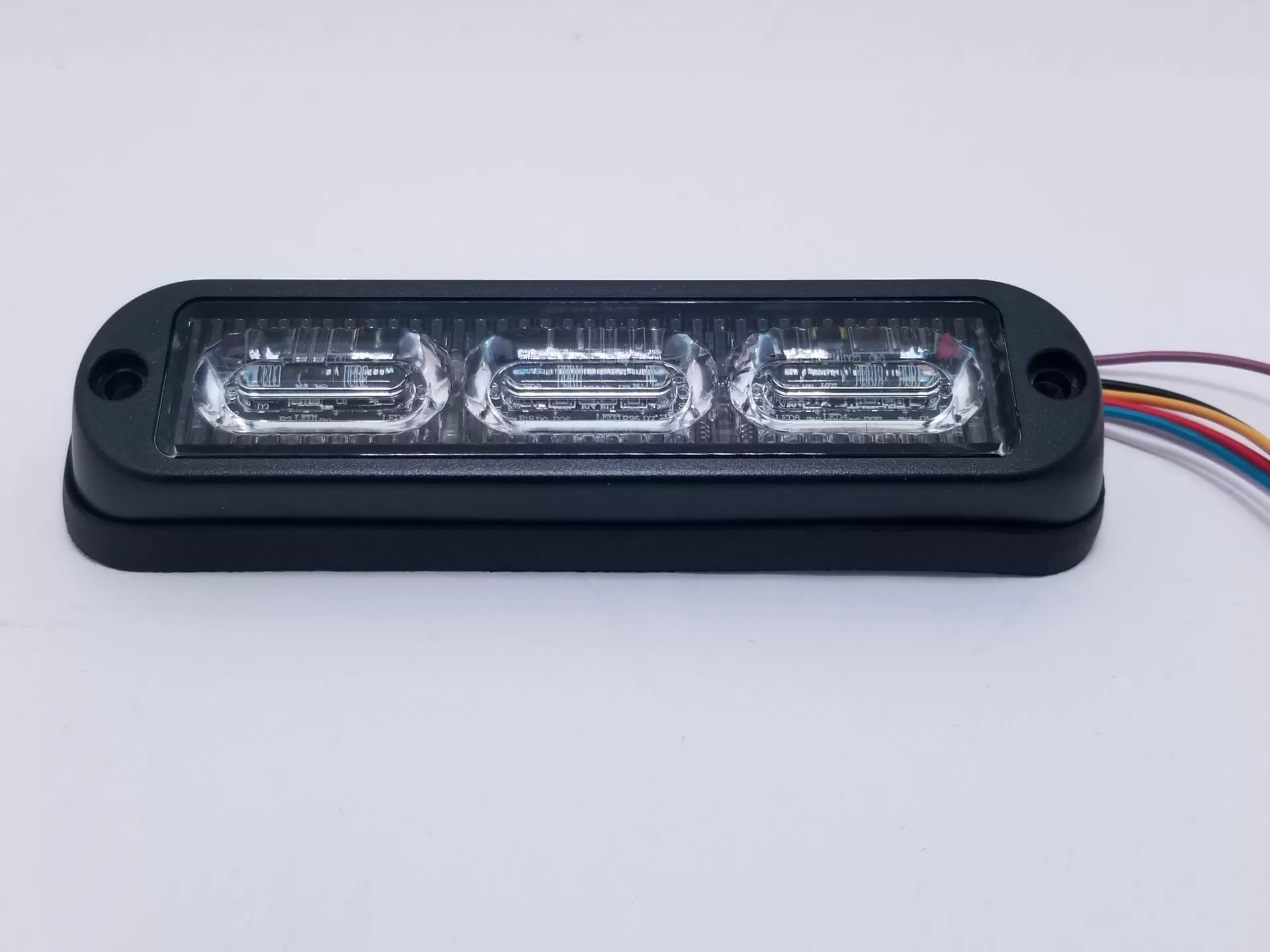 D&R PY-9672-X thin sealed surface mount LED module with three clear lens optics and a wiring pigtail