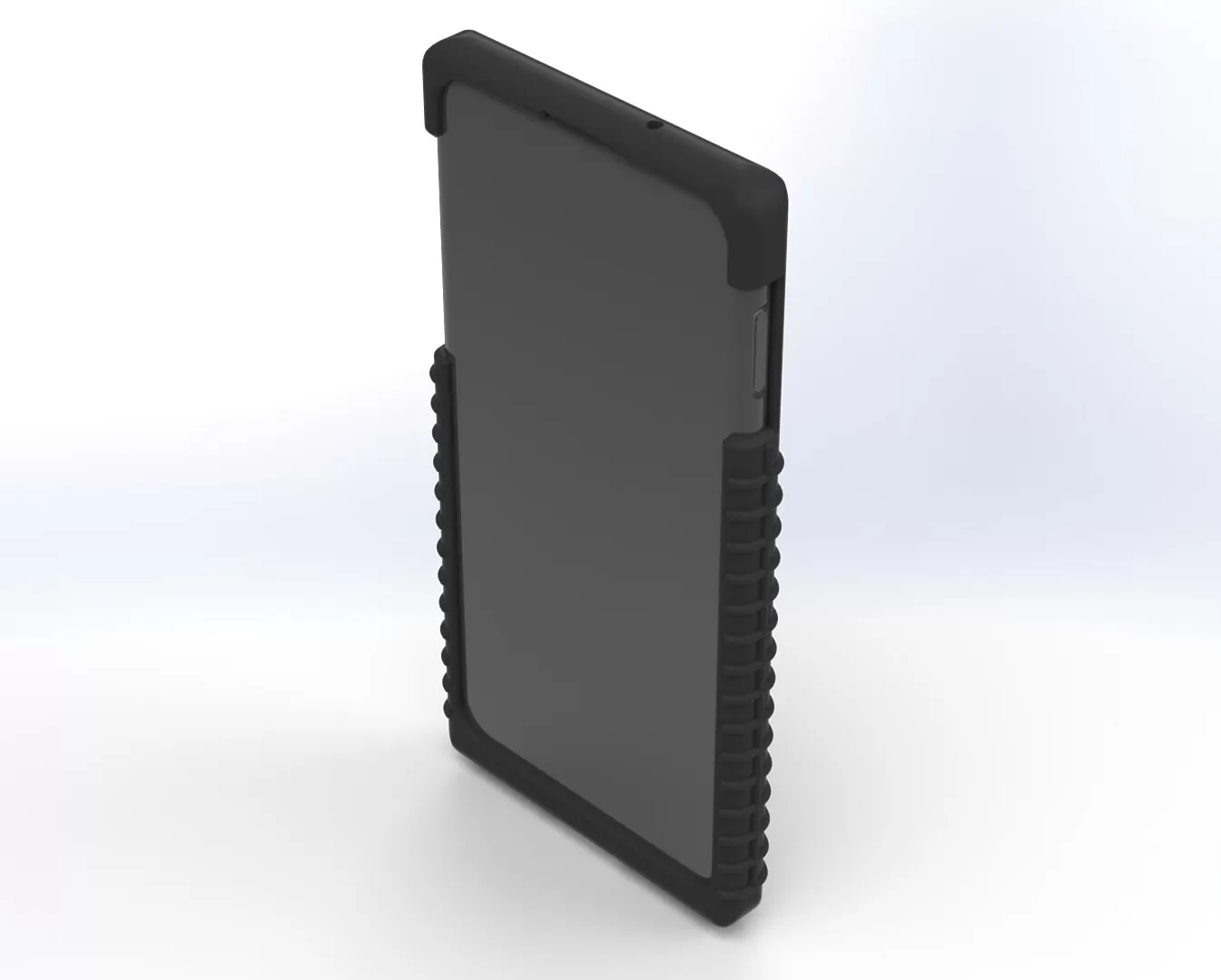 Front of the assembled case with the phone fitted, dark screen ringed by the ribbed bumper
