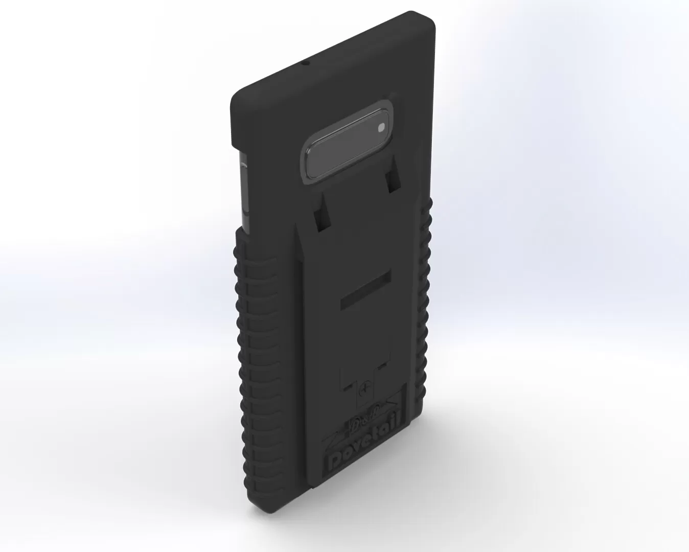 Galaxy S10e in the case with its horizontal camera bar showing through the rear opening