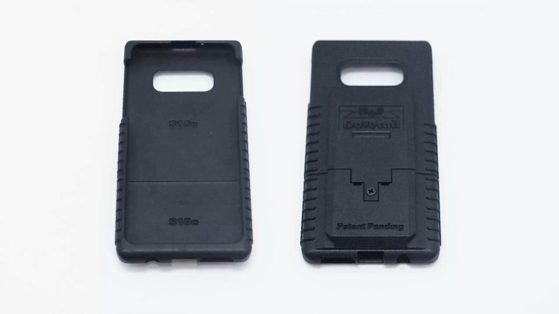 Two S10e cases side by side, one turned inside up and embossed S10e, the other marked Patent Pending