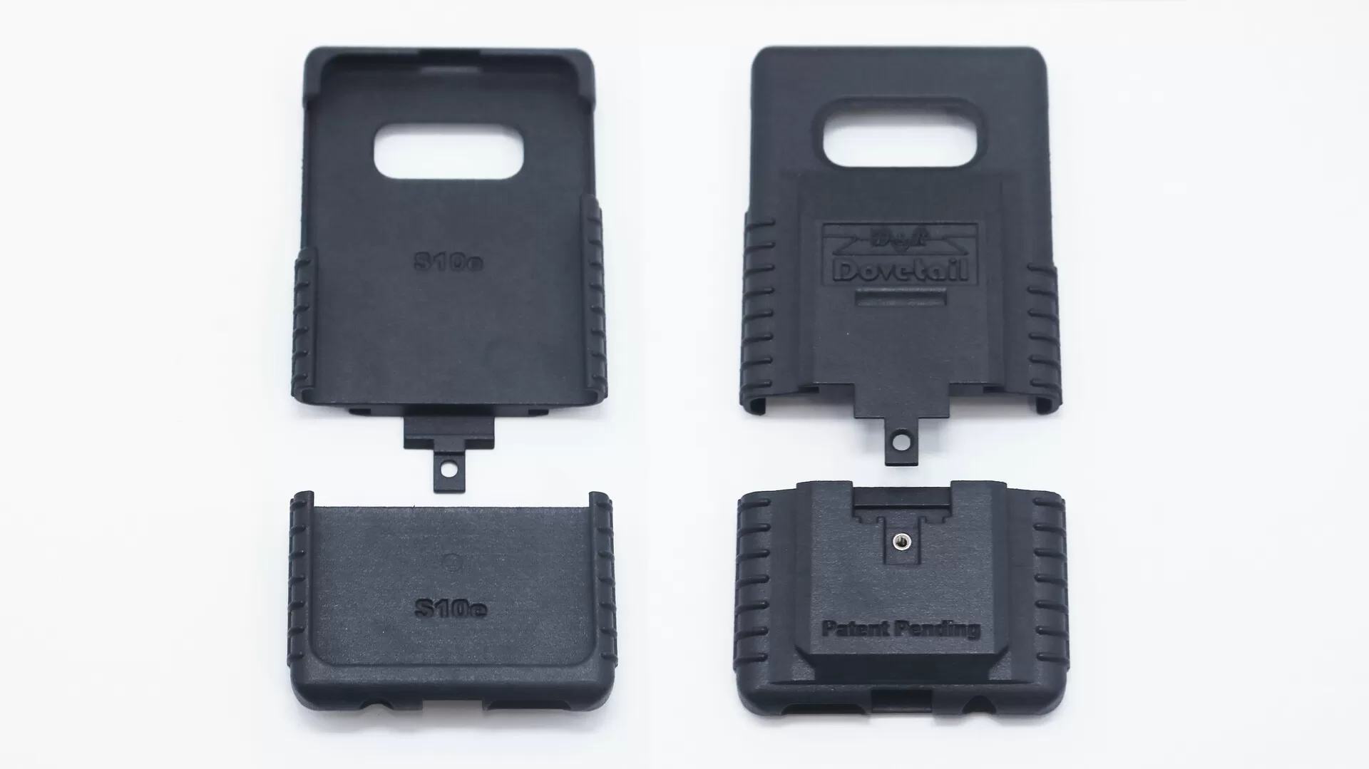 S10e case parts laid out with the lower caps taken off both the inside-up and outside-up shells