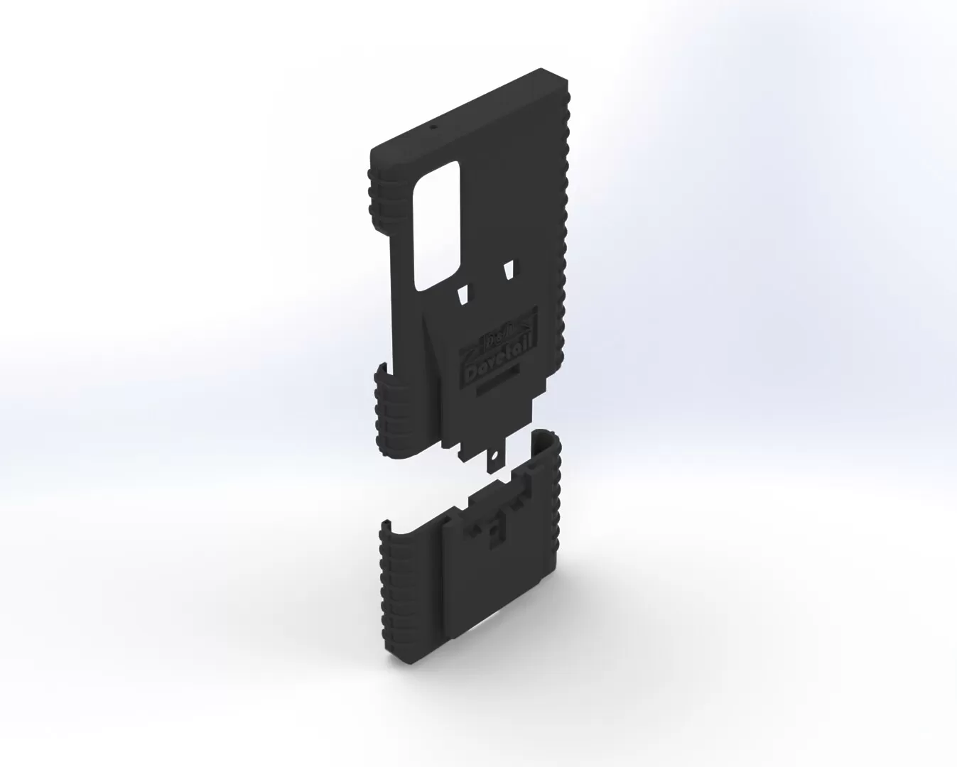 Two-piece S20Fe case separated, main shell floating above the slide-on bottom section, rear angle