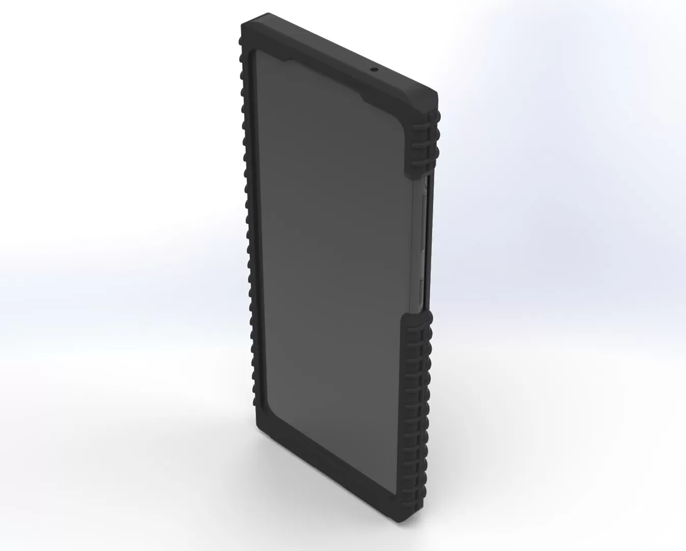 Front of the assembled case with the phone fitted, dark screen inside the ribbed black bumper