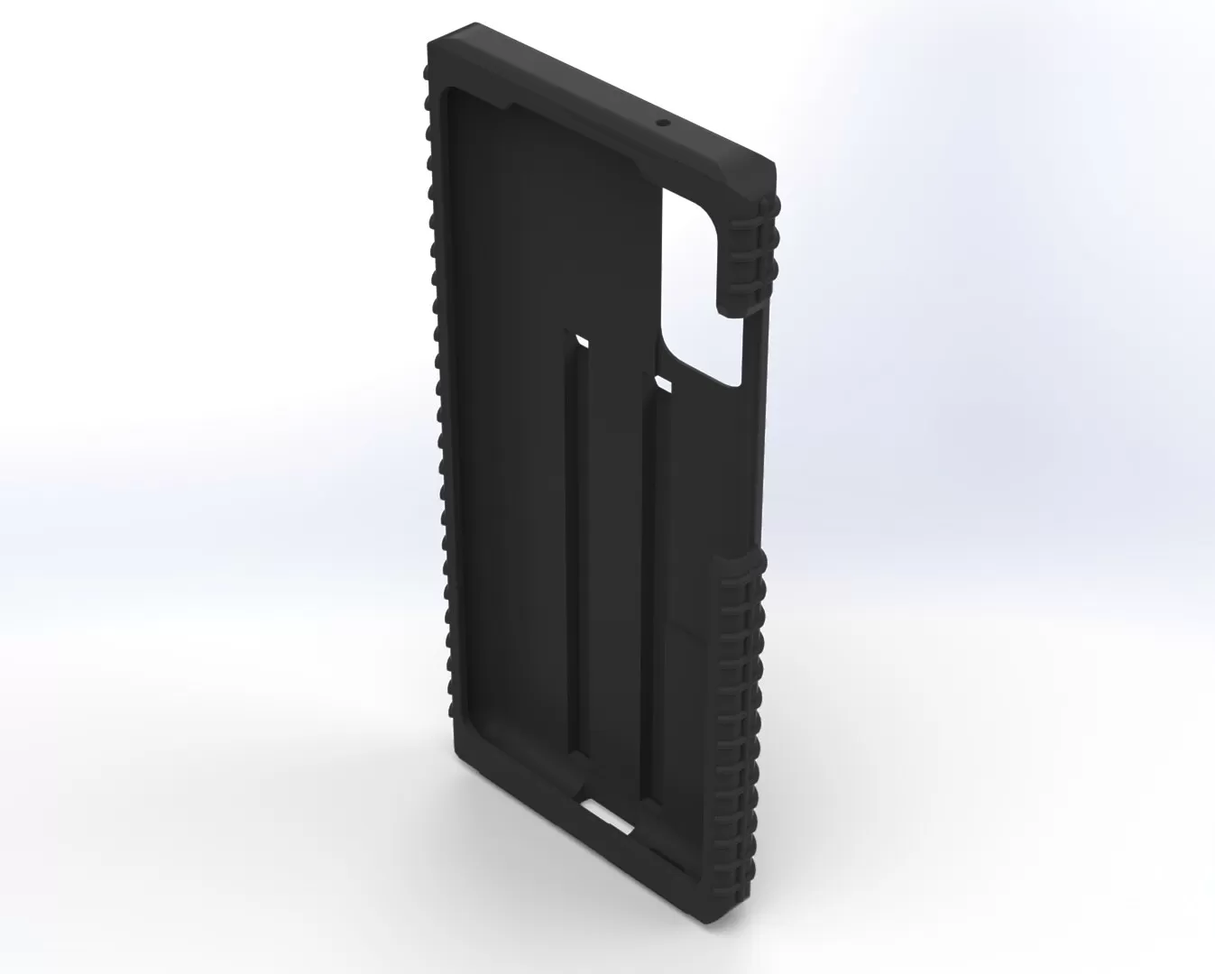 Angled look into the empty shell, ribbed corner grips and the two long dock slots in view