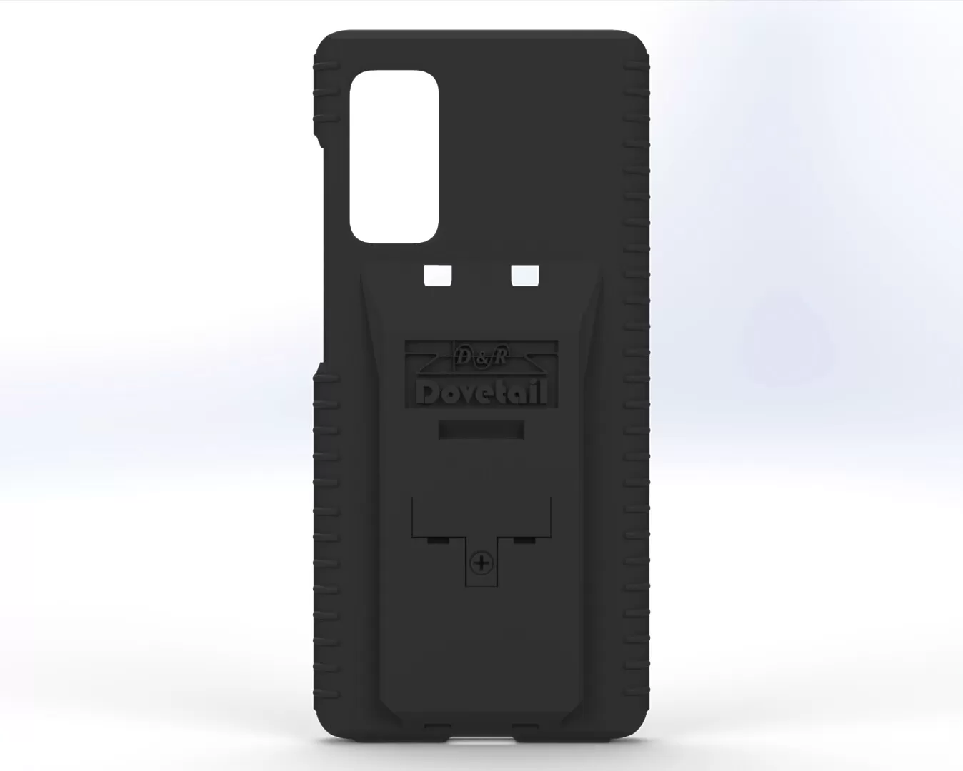 D&R Dovetail phone case for the Galaxy S20Fe, rear view with the dock plate and tall camera cutout