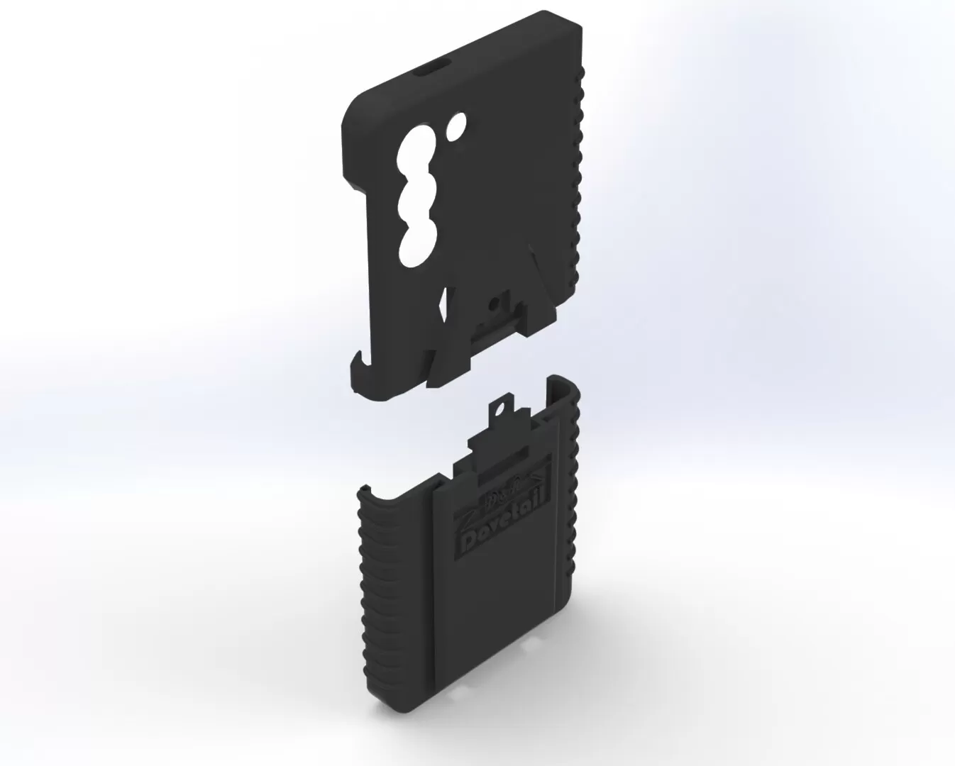 Two-piece S21 case pulled apart, upper shell above the lower docking half with camera cut-outs