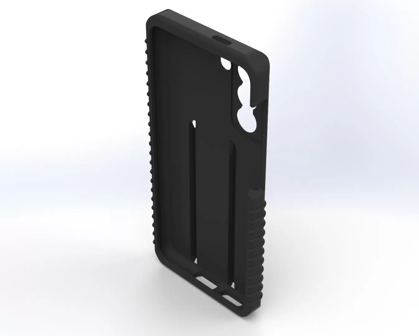 Tilted view into the empty case showing the charging port cut-outs along the bottom edge