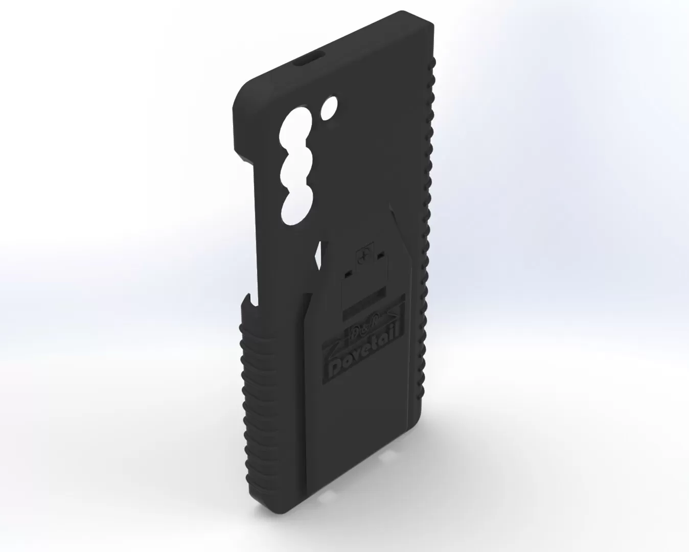 Angled rear view of the black S21 case showing the raised dock plate and ribbed side grips