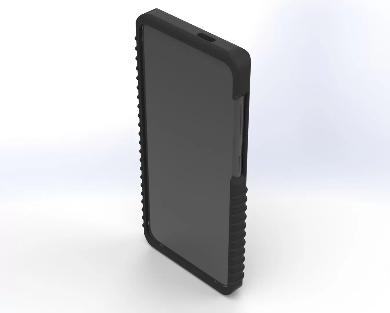 Front three-quarter view of a phone in the case, screen framed by the raised protective bezel