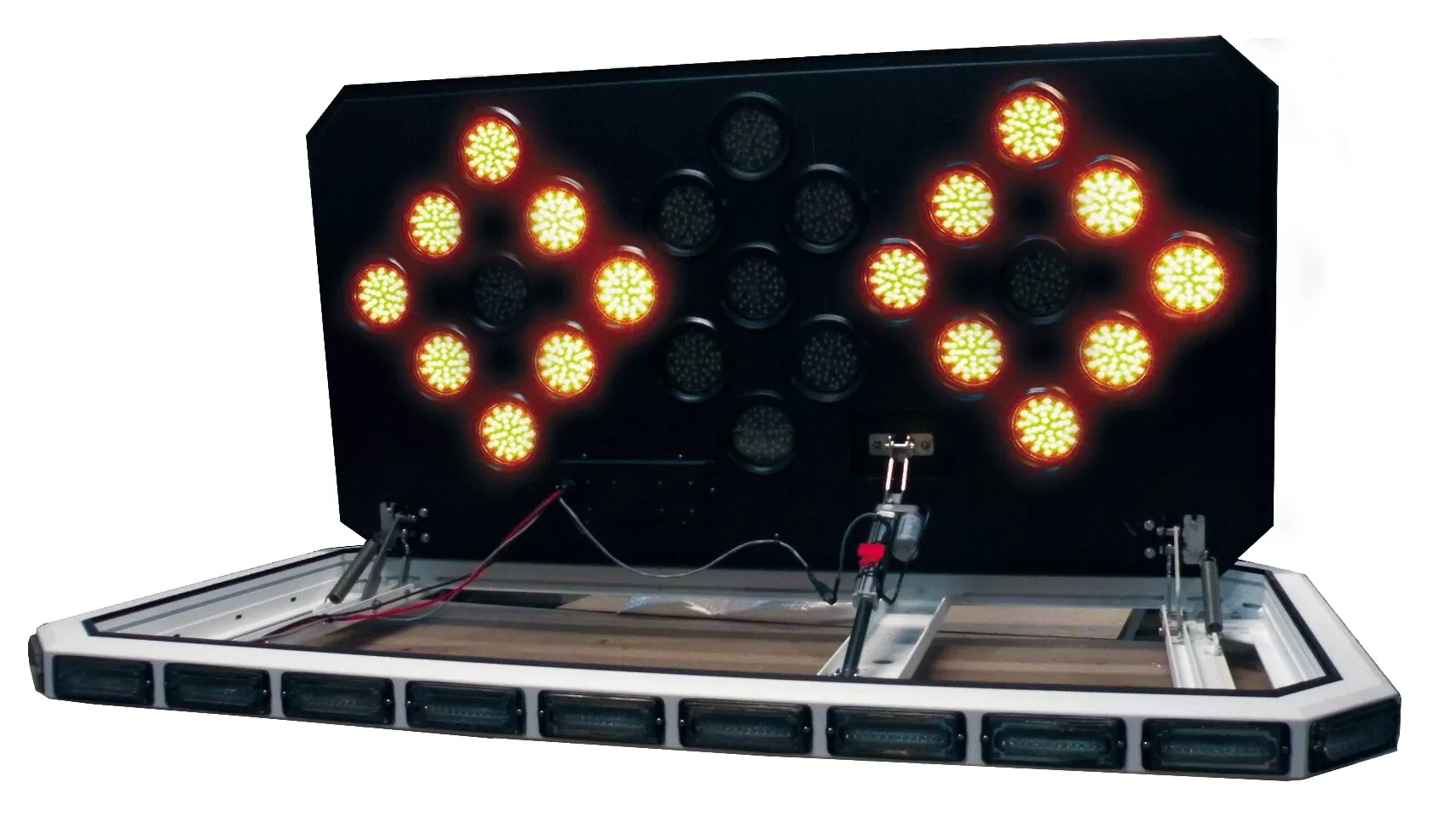 D&R Chevron Odyssey OD3W-25C lightbar with the chevron board raised and amber LED clusters lit at each end