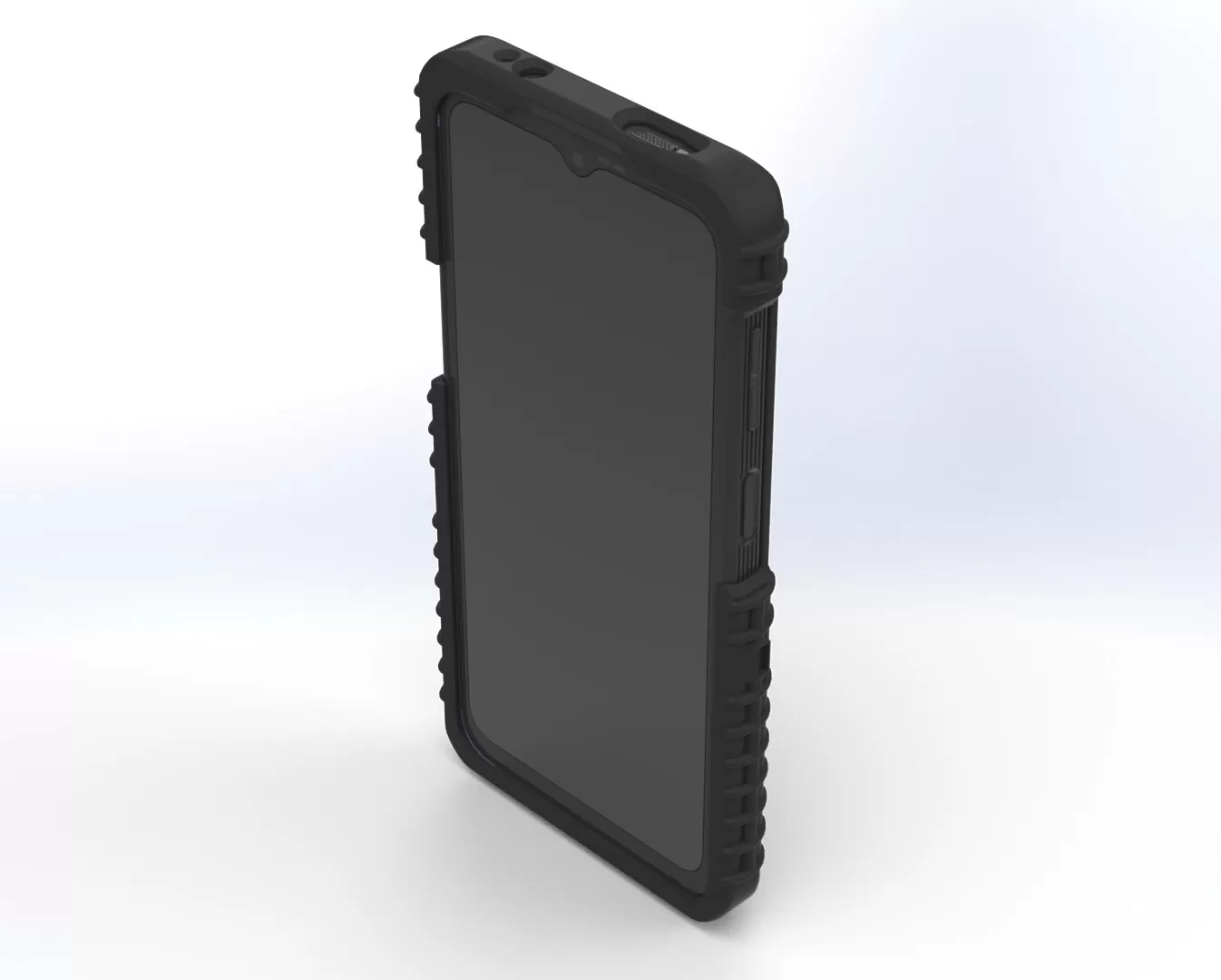 Front three-quarter of the empty case showing the screen opening and thick corner bumpers