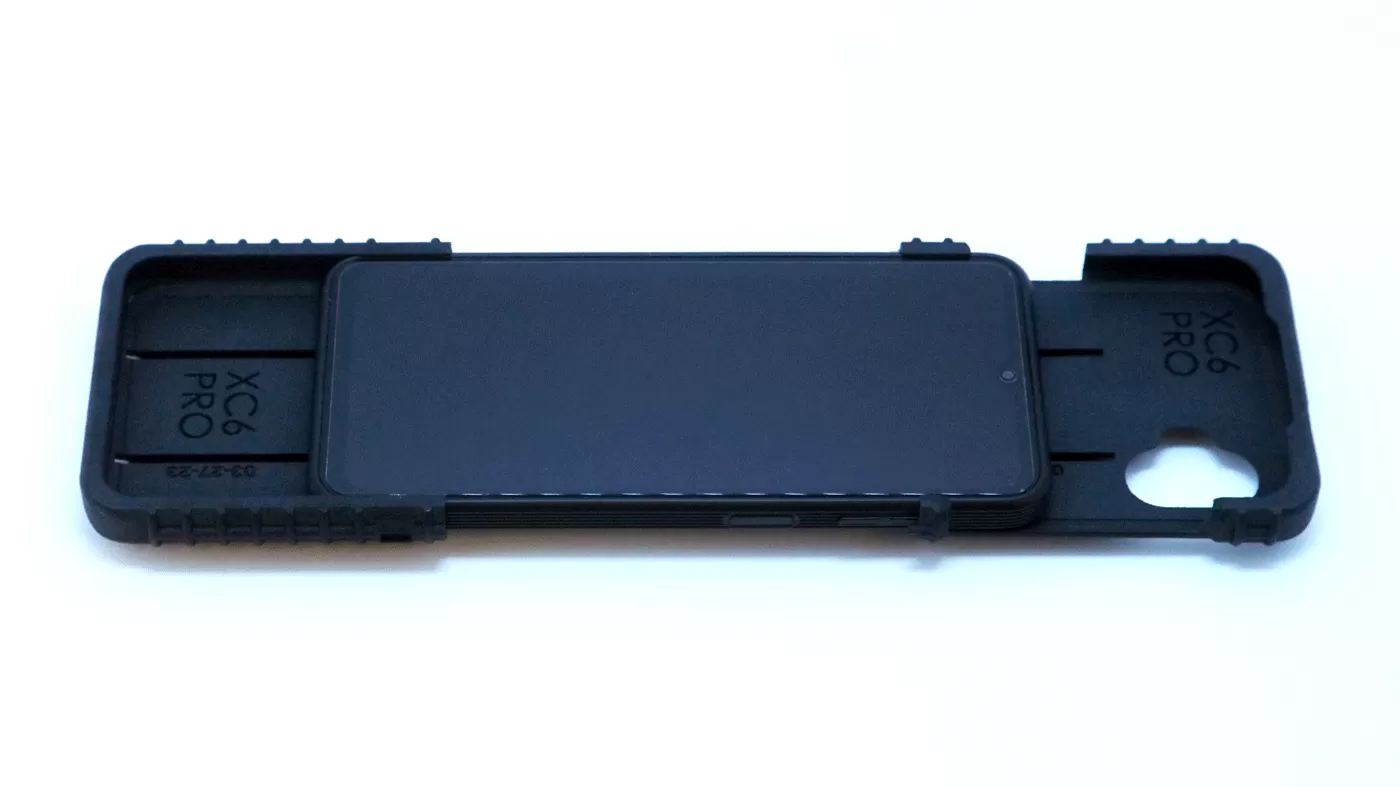 D&R Dovetail phone case for the Galaxy XCover6 Pro, rear view with molded docking cleat