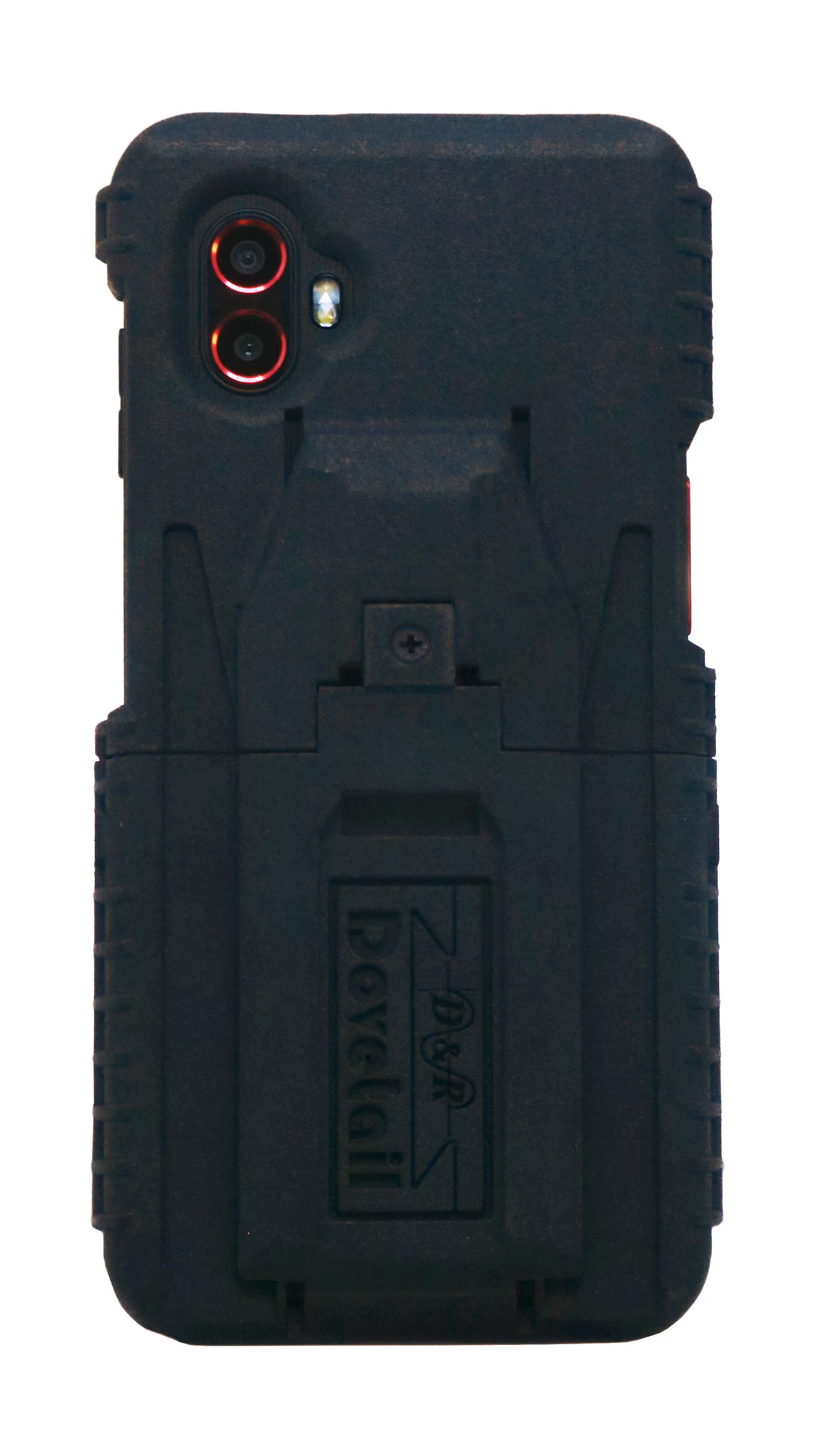 Assembled case on the phone from behind, red camera lens rings beside the molded cleat