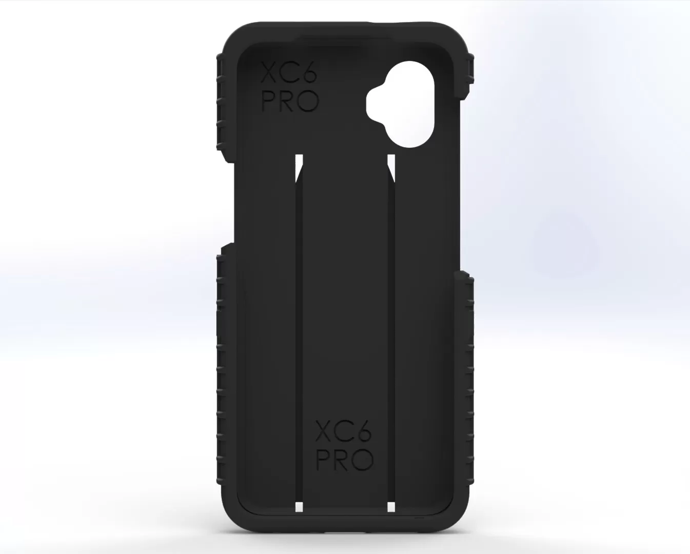 Inside of the two-piece case with XC6 PRO molded at the top and bottom of the phone cavity