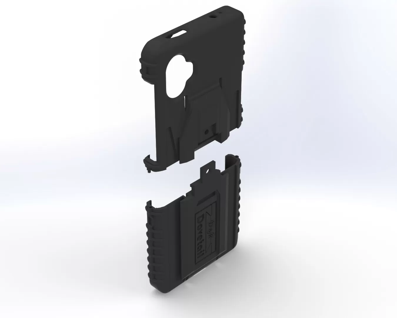Exploded render with the upper case shell lifted clear of the lower dock plate section