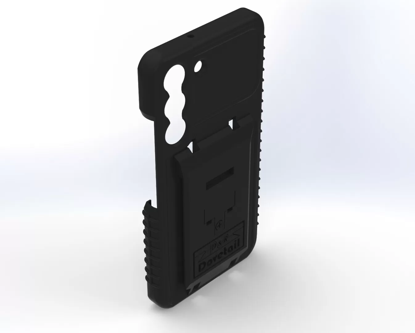 Angled rear view of the black two-piece case showing the raised dock plate and side grip ribs