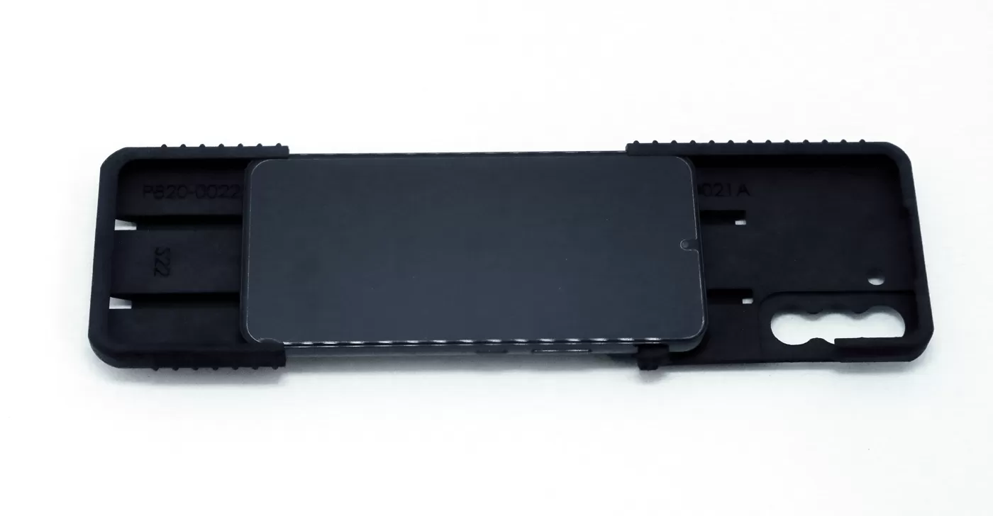 D&R Dovetail phone case for the Galaxy S22, rear view with the embossed docking plate and grips