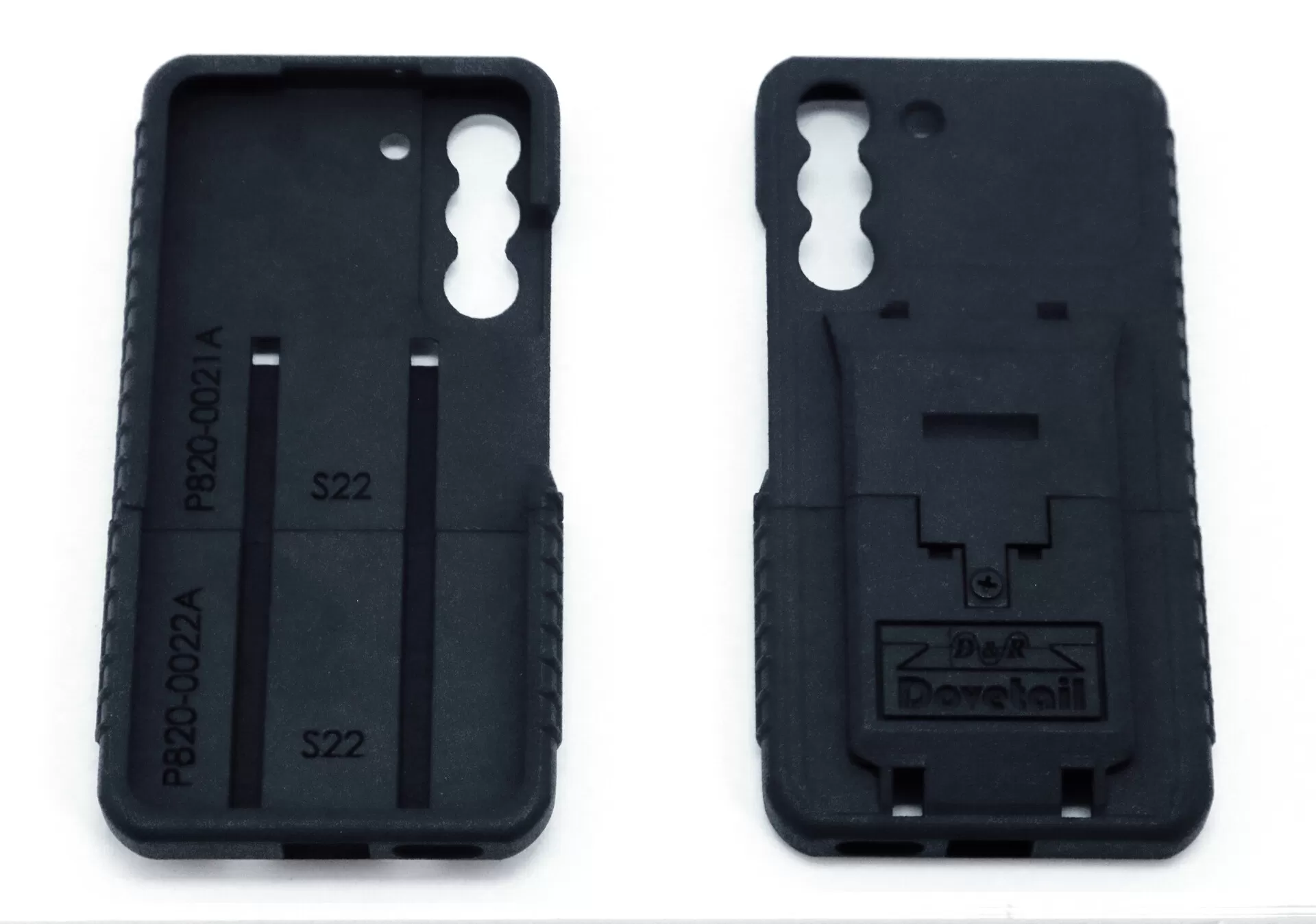 Both halves side by side: inside marked P820-0021A and P820-0022A, outside carries the logo