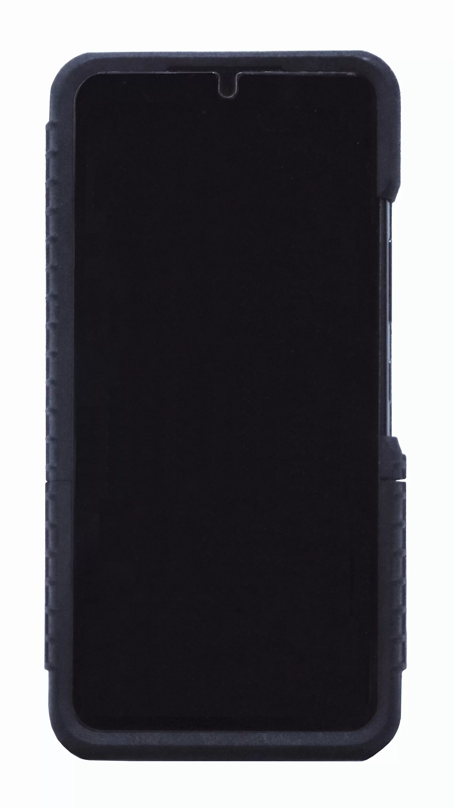Front of the finished case photographed flat, black screen surround and textured side edges