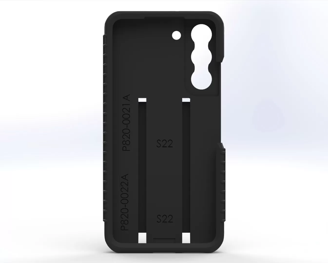 Straight-on view of the case interior, moulded part numbers P820-0021A and P820-0022A beside S22