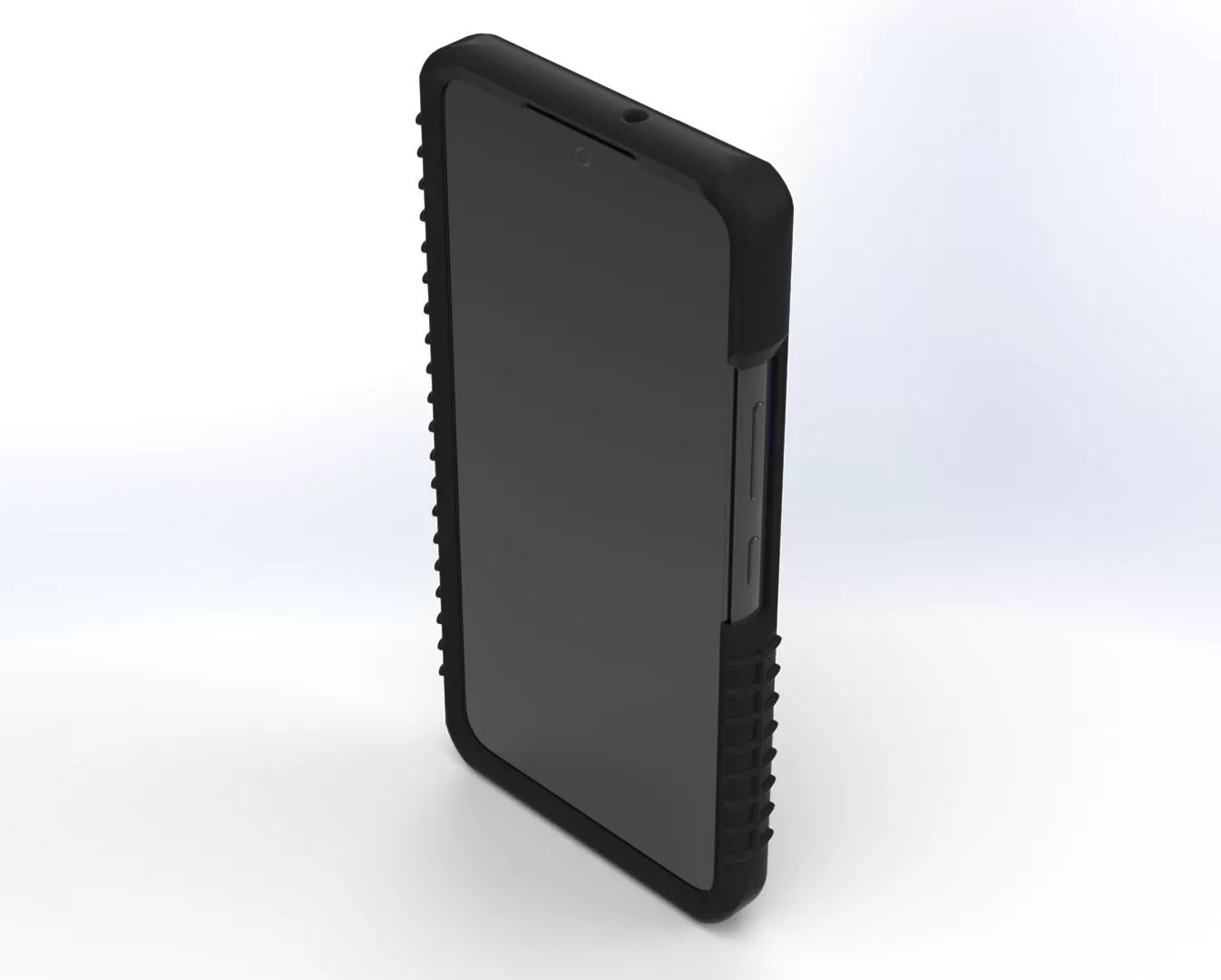 Front three-quarter view of the cased phone, dark screen and side buttons inside the raised bezel