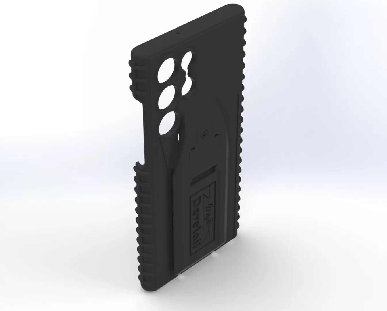 Angled rear view of the S22 Ultra case, four camera cut-outs and deep ribbed side grips