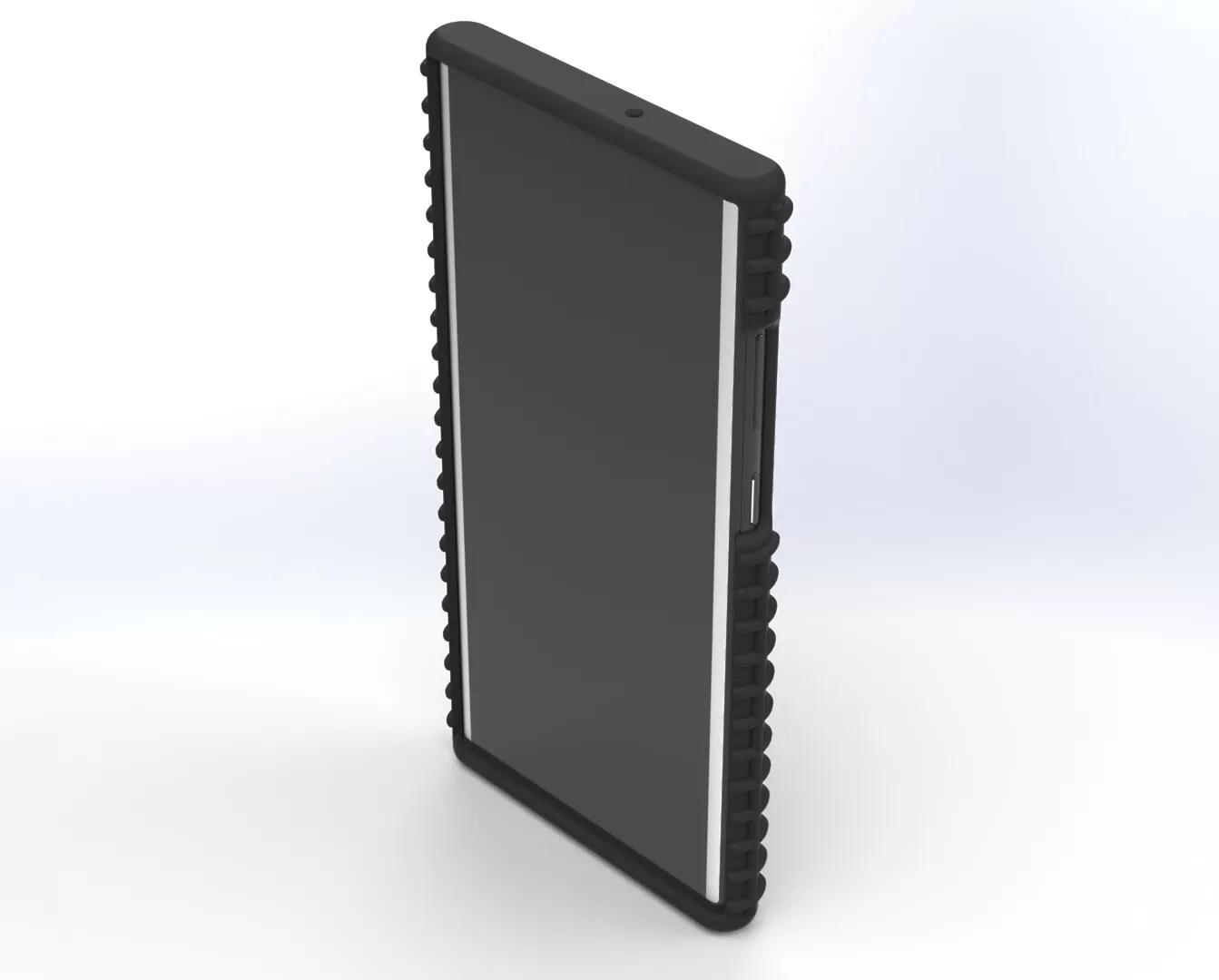 Front three-quarter view of the cased phone, screen framed by the ribbed protective edge