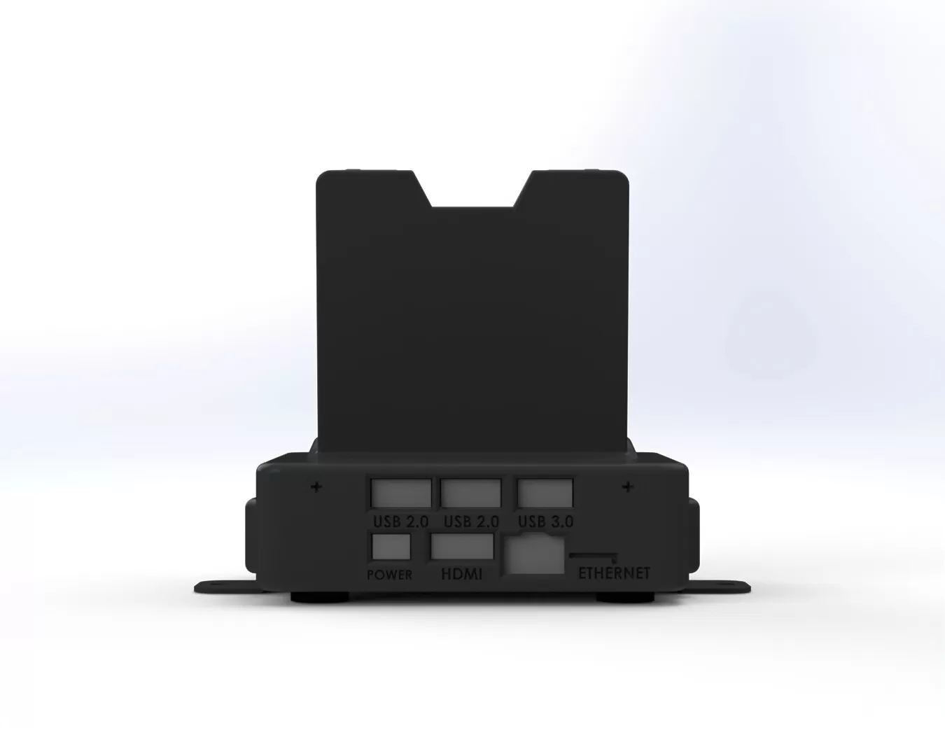 Rear panel labelled USB 2.0, USB 2.0, USB 3.0, POWER, HDMI and ETHERNET beneath the phone cradle