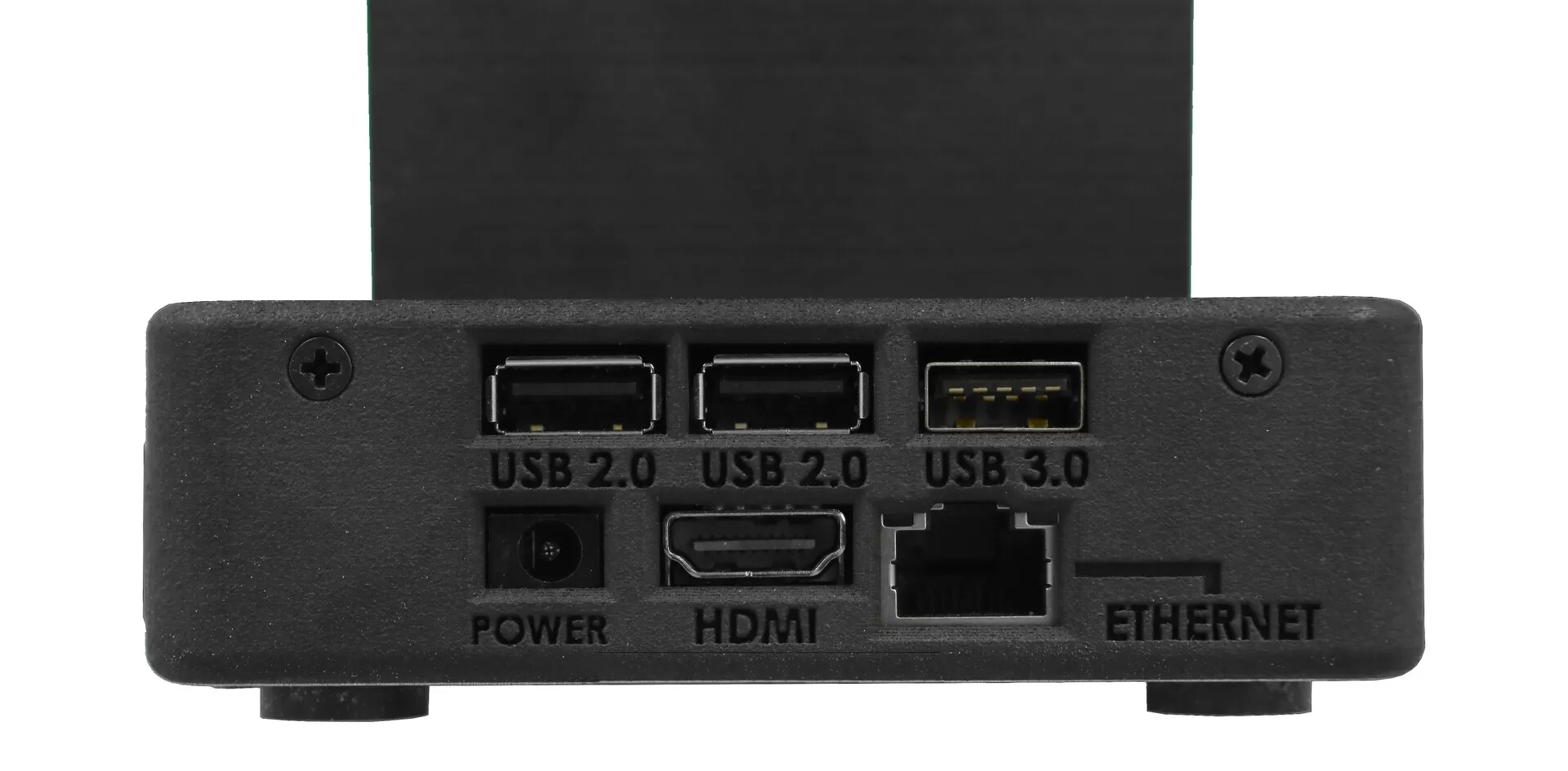 Close-up of the connector bank: two USB 2.0 ports, one USB 3.0, power, HDMI and Ethernet sockets