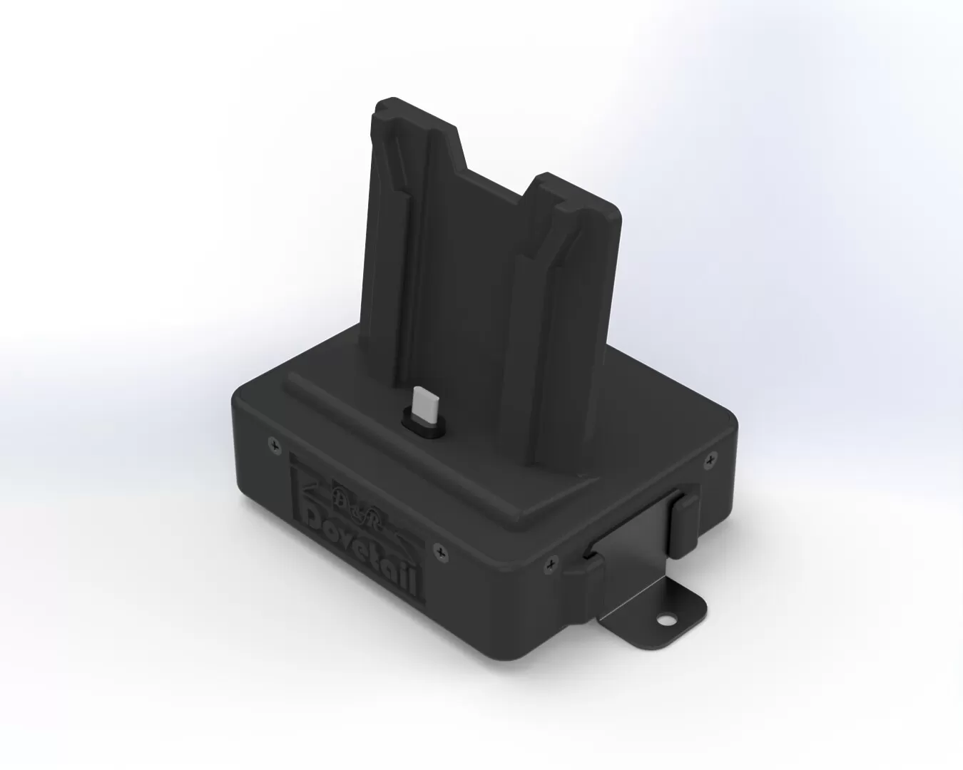 Three-quarter view showing the cradle, upright USB-C pin and the L-shaped mounting bracket on the side